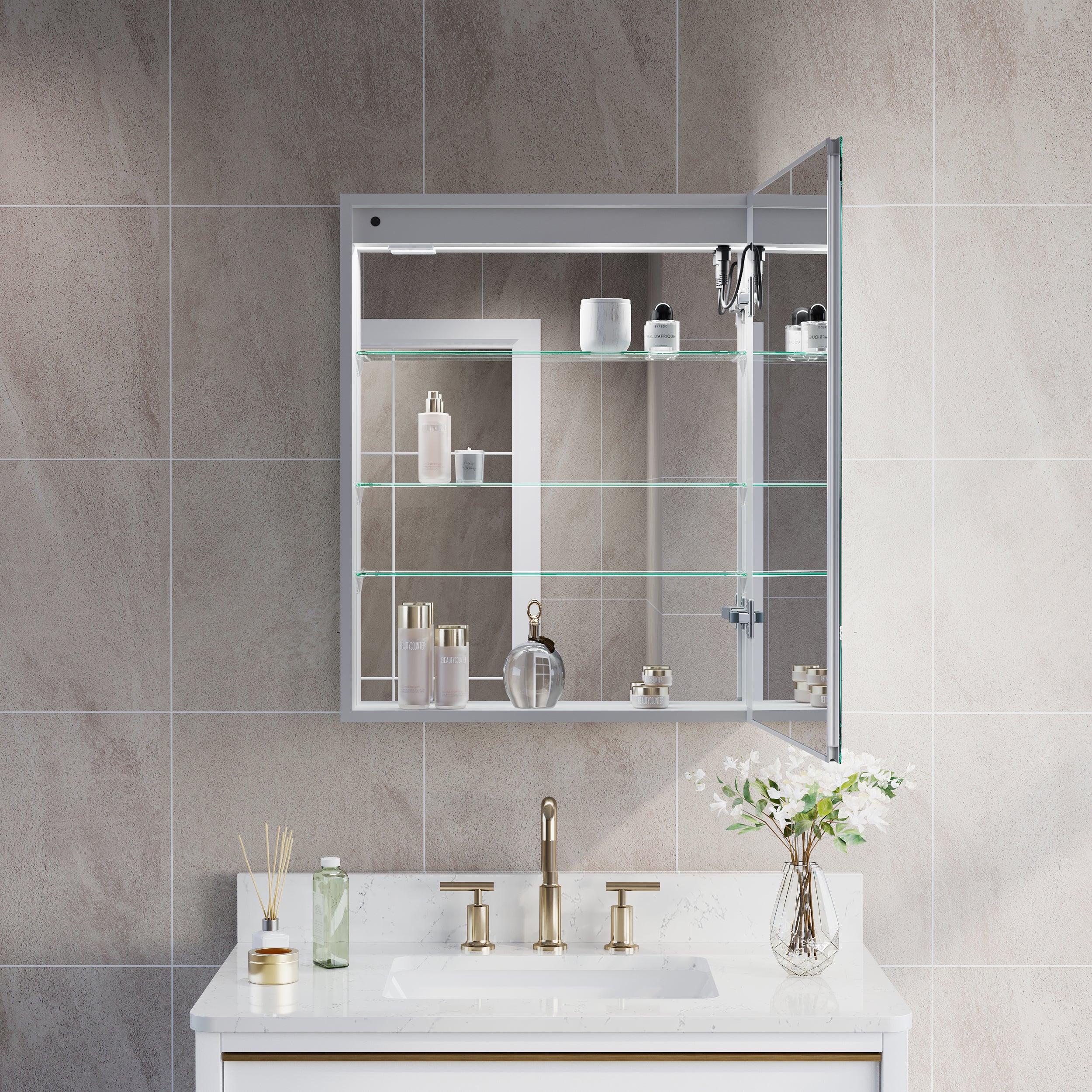 24 in. x 30 in. LED Lighted Surface/Recessed Mount Silver Mirrored Medicine Cabinet with Outlet right Side