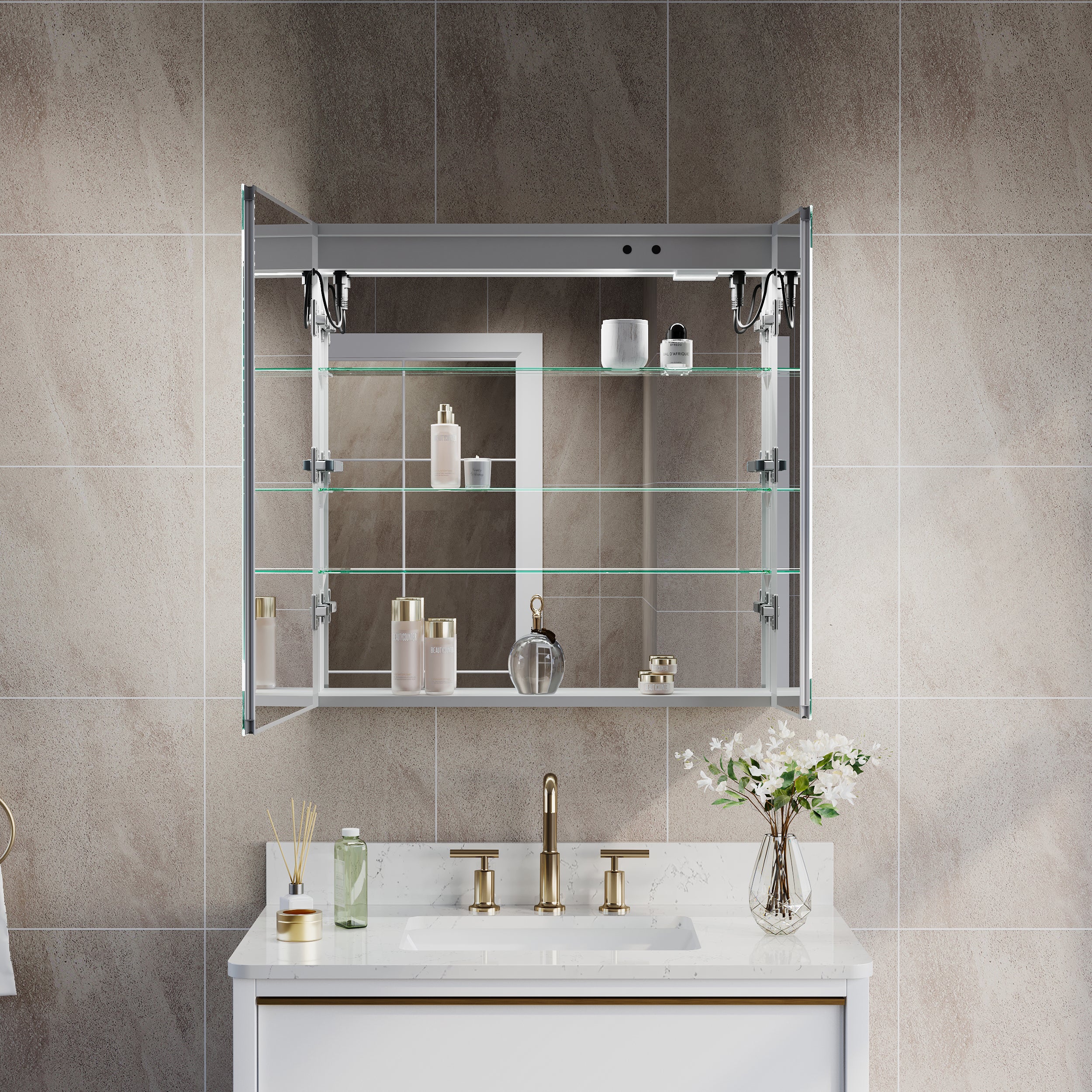 30 in. x 30 in. Lighted LED Surface/Recessed Mount Mirror Rectangle Bathroom Medicine Cabinet with Outlet