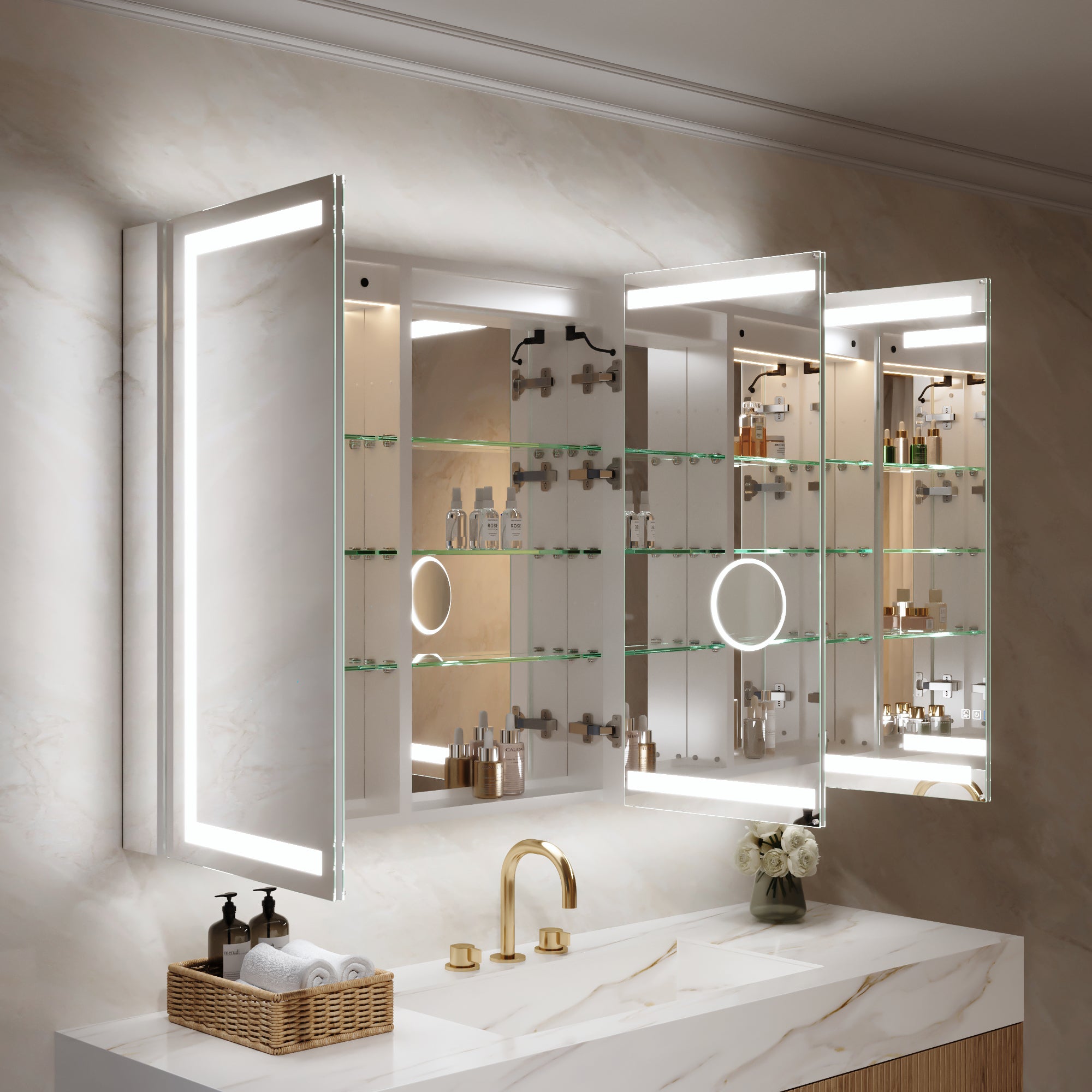 54 in. x 36 in. Aluminum LED Bathroom Medicine Cabinet with Anti-Fog, Dimmable Lighting, Outlet, Surface or Recessed Mount