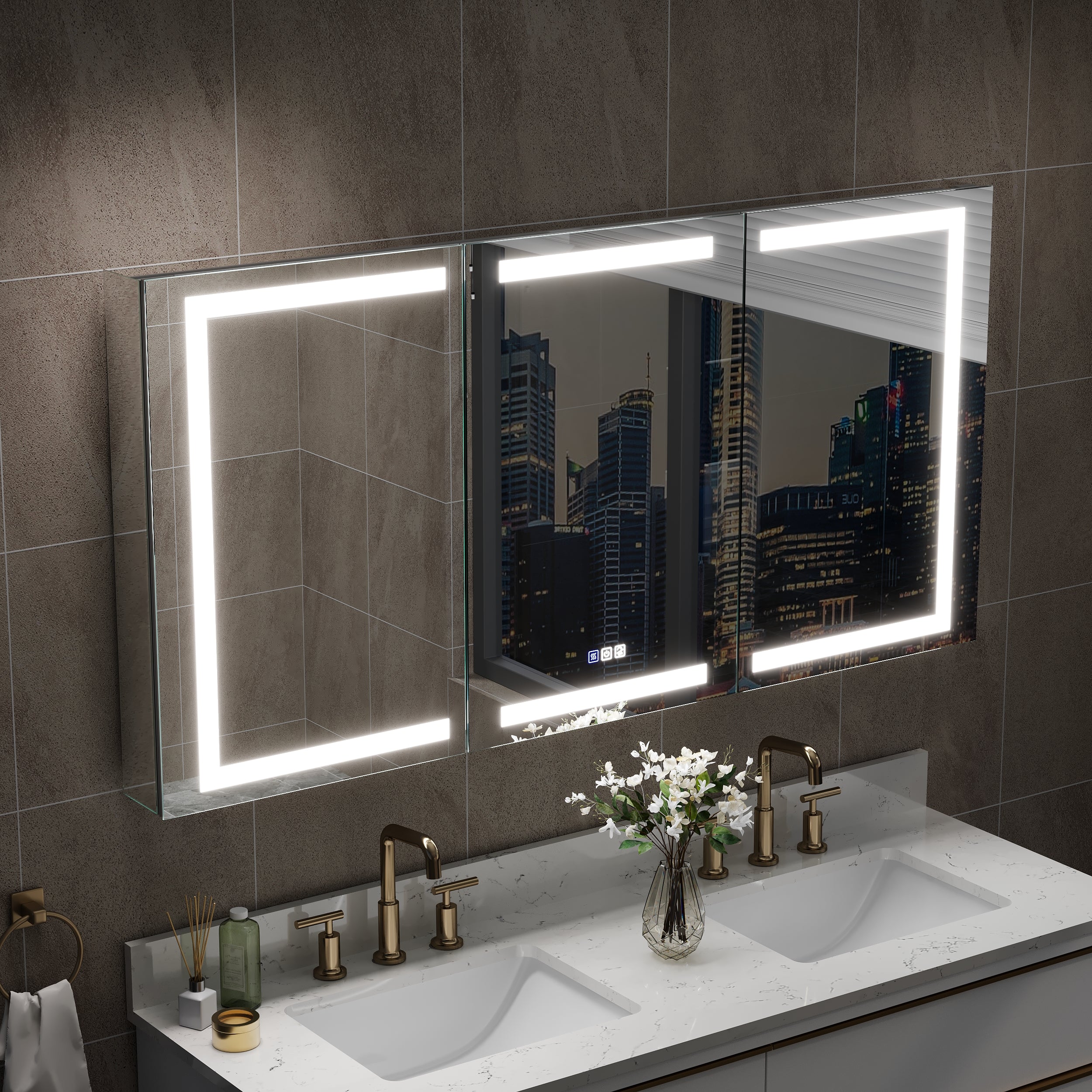 60 in. x 30 in. LED Lighted Aluminum Bathroom Medicine Cabinet with Anti-Fog, Dimmable Lighting, Outlet, Surface or Recessed Mount