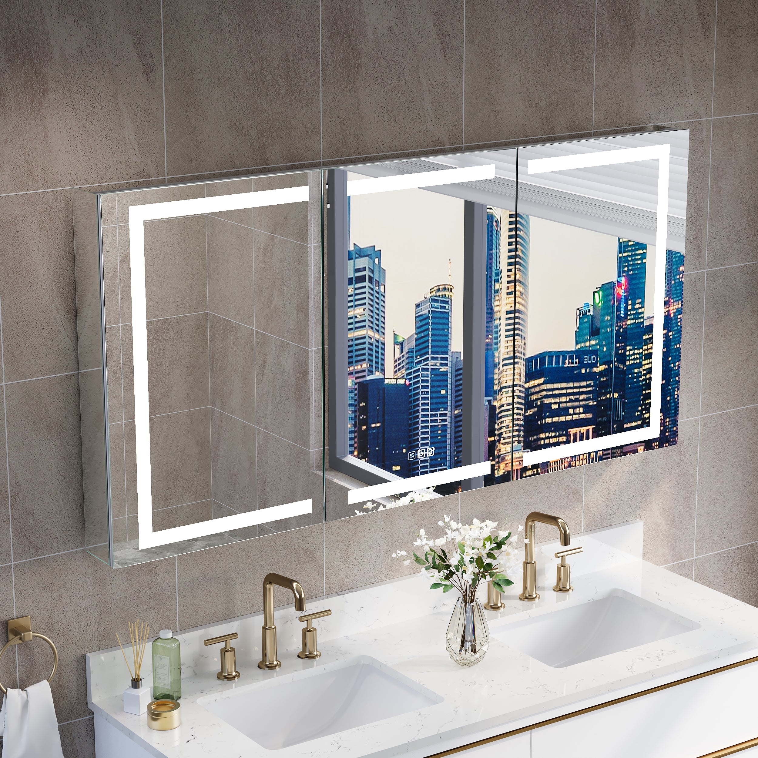 60 in. x 30 in. LED Lighted Aluminum Bathroom Medicine Cabinet with Anti-Fog, Dimmable Lighting, Outlet, Surface or Recessed Mount