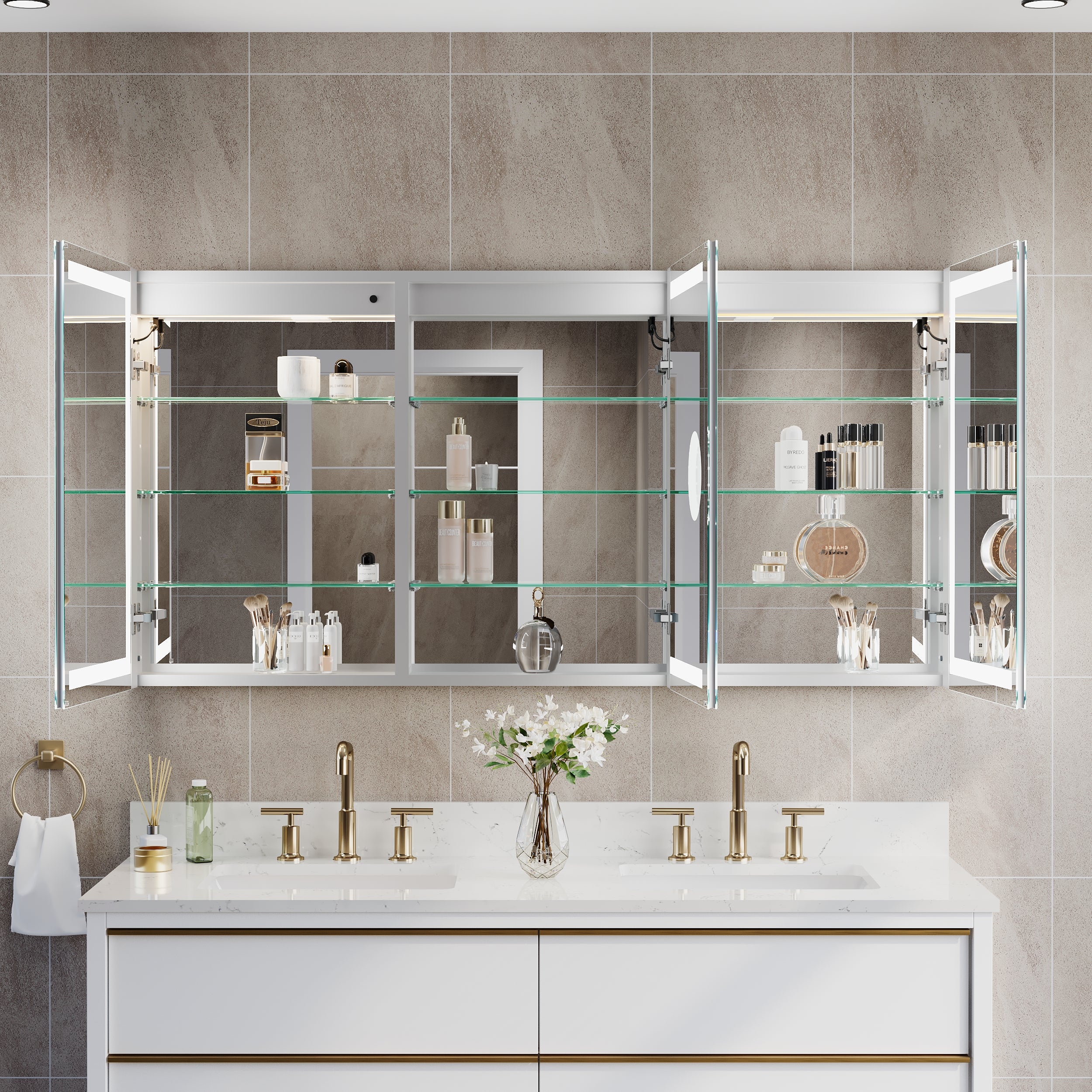 60 in. x 30 in. LED Lighted Aluminum Bathroom Medicine Cabinet with Anti-Fog, Dimmable Lighting, Outlet, Surface or Recessed Mount