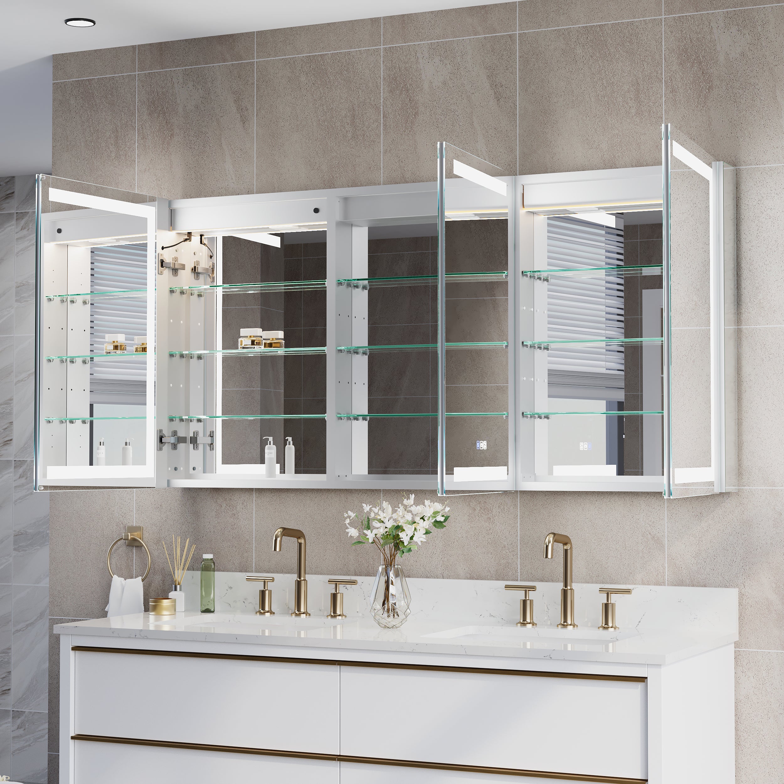 60 in. x 30 in. LED Lighted Aluminum Bathroom Medicine Cabinet with Anti-Fog, Dimmable Lighting, Outlet, Surface or Recessed Mount