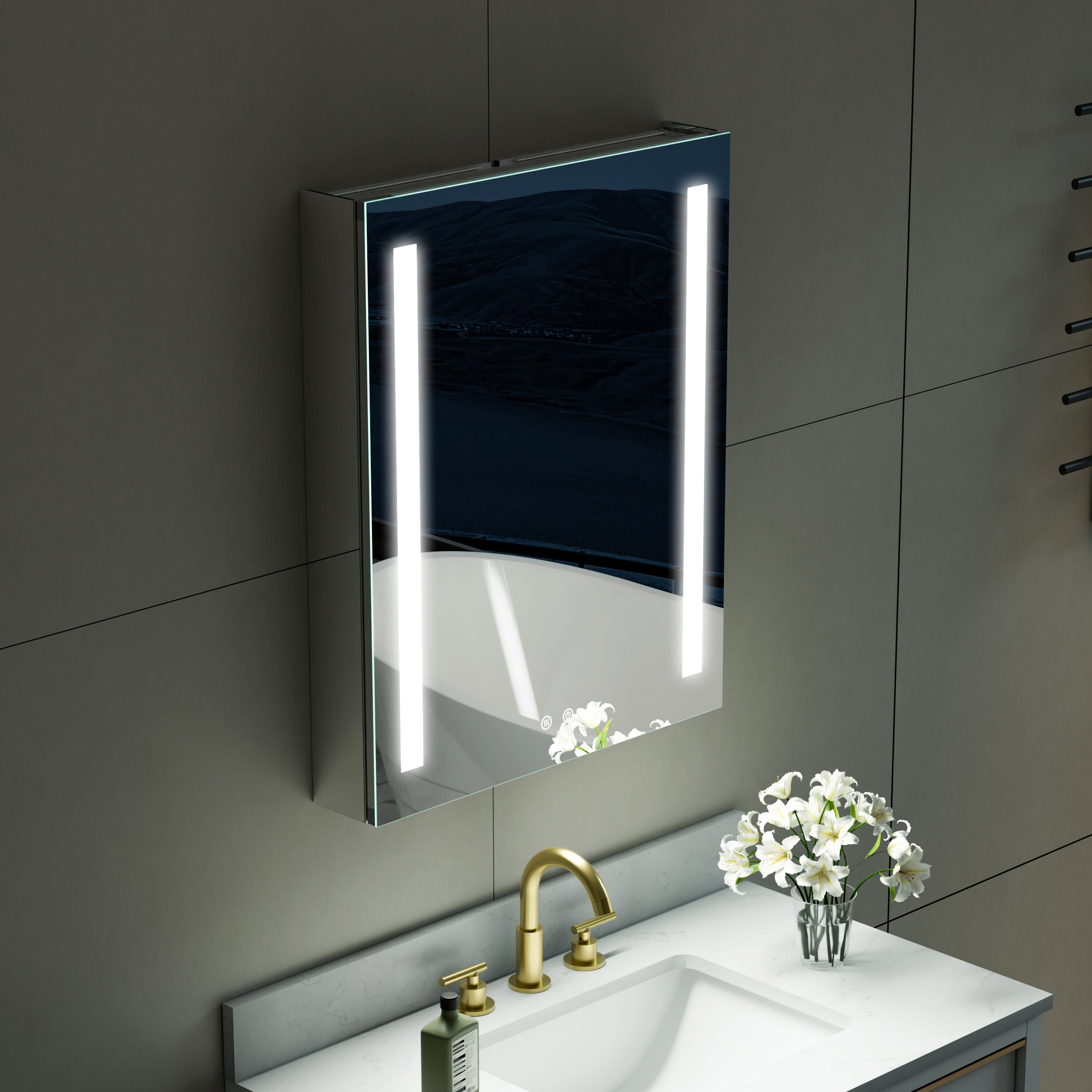 24 in. x 30 in. LED Lighted Surface/Recessed Mount Mirror Medicine Cabinet with Outlet left Side