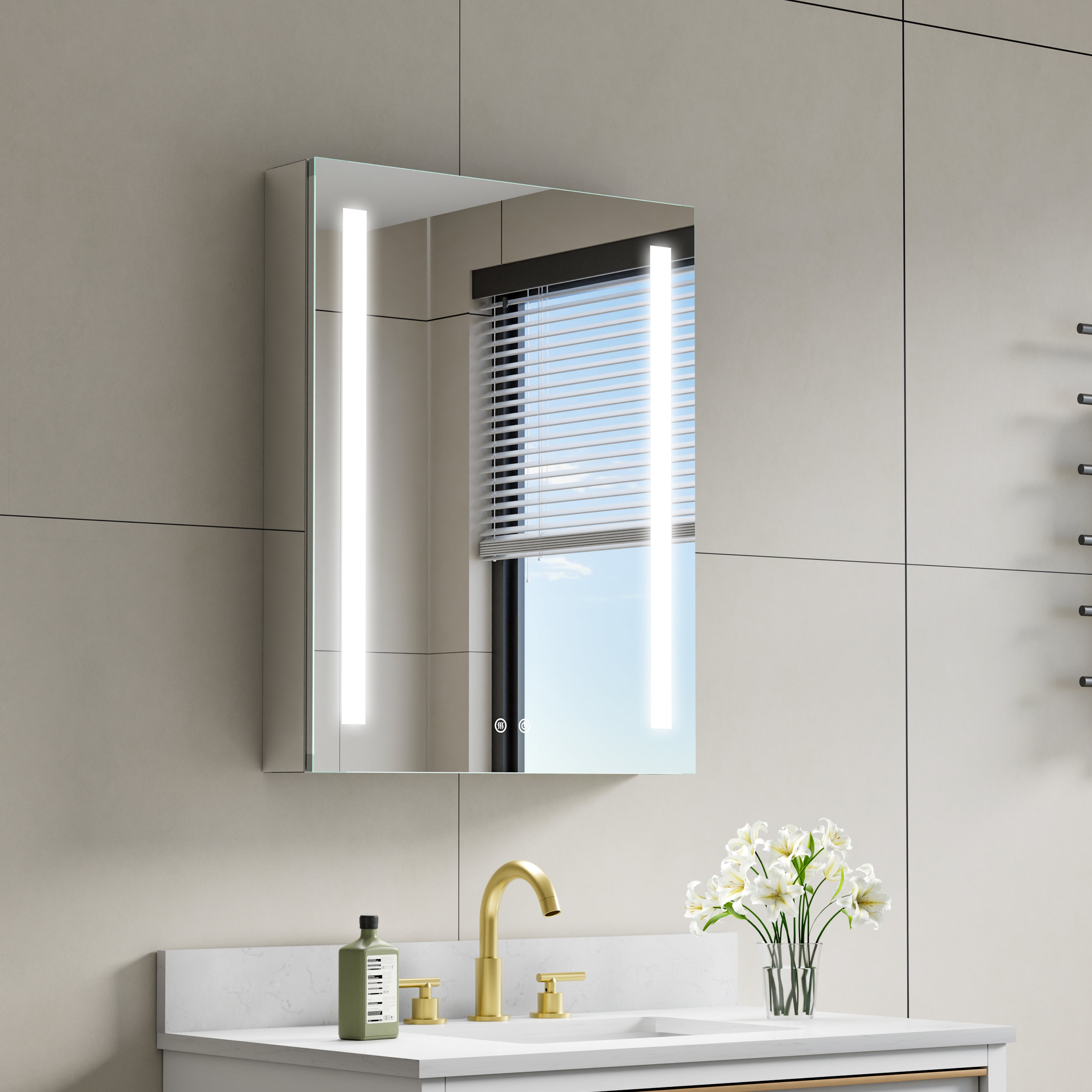 24 in. x 30 in. LED Lighted Surface/Recessed Mount Mirror Medicine Cabinet with Outlet left Side