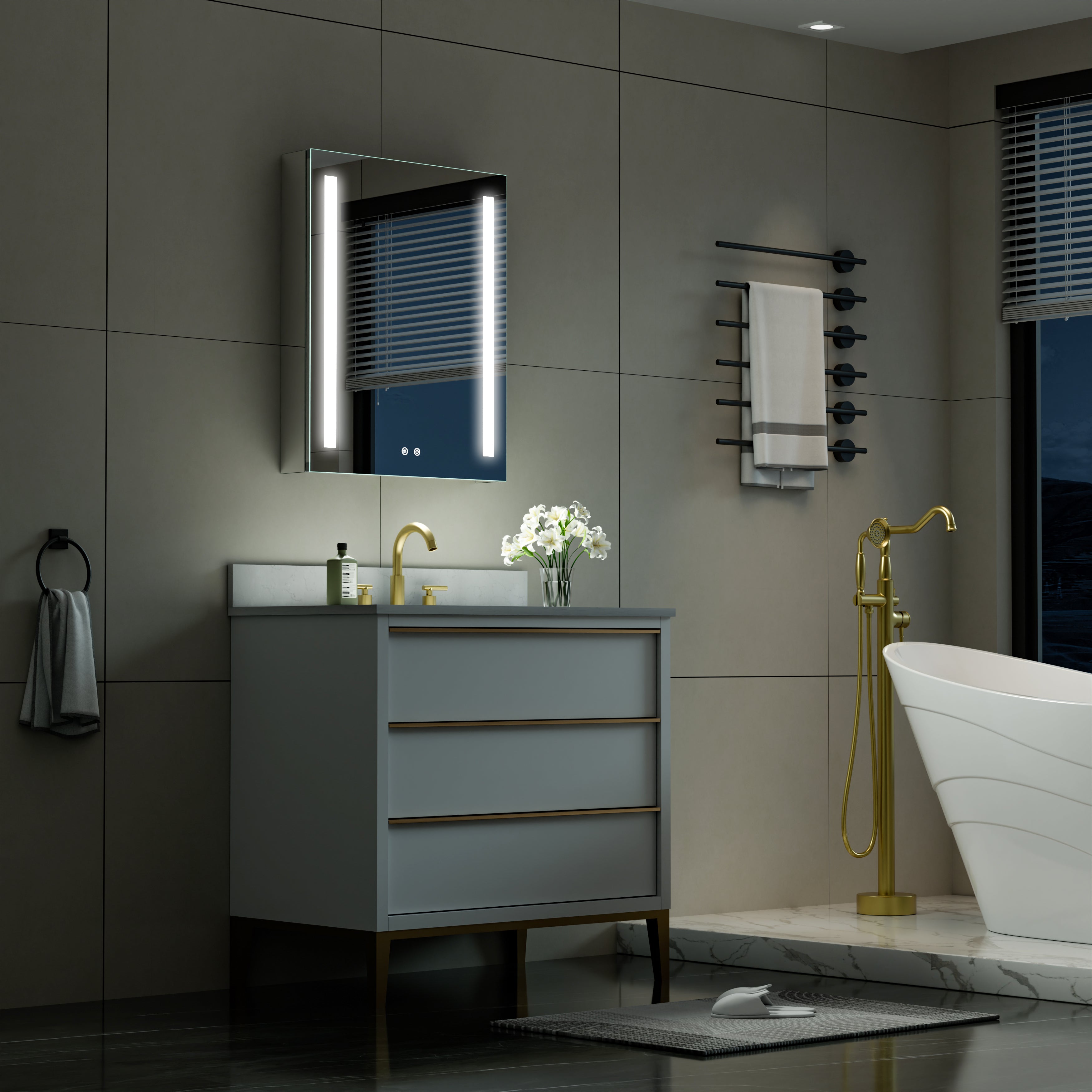 24 in. x 30 in. LED Lighted Surface/Recessed Mount Mirror Medicine Cabinet with Outlet left Side