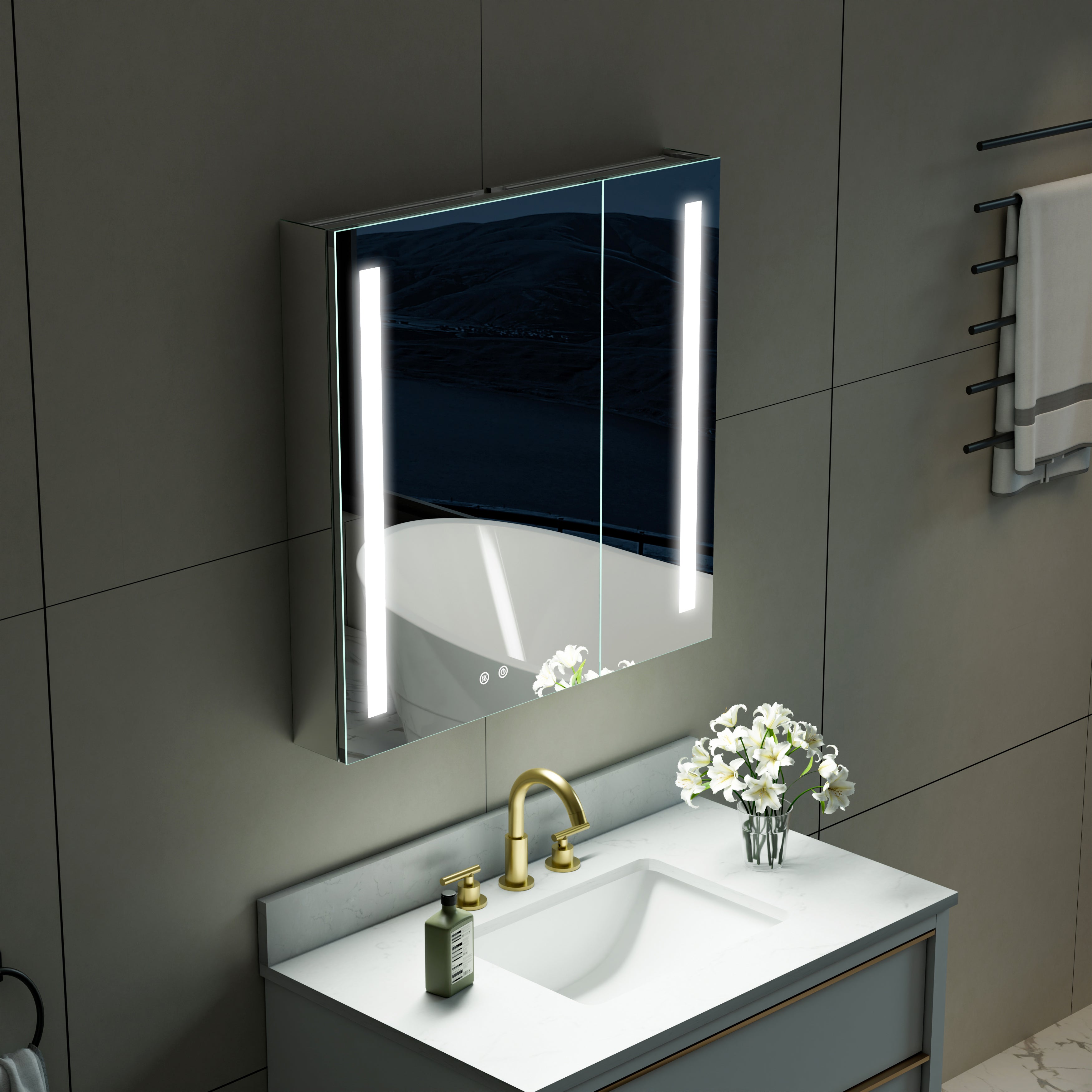 30 in. x 30 in. LED Lighted Surface/Recessed Mount Mirror Medicine Cabinet with Outlet