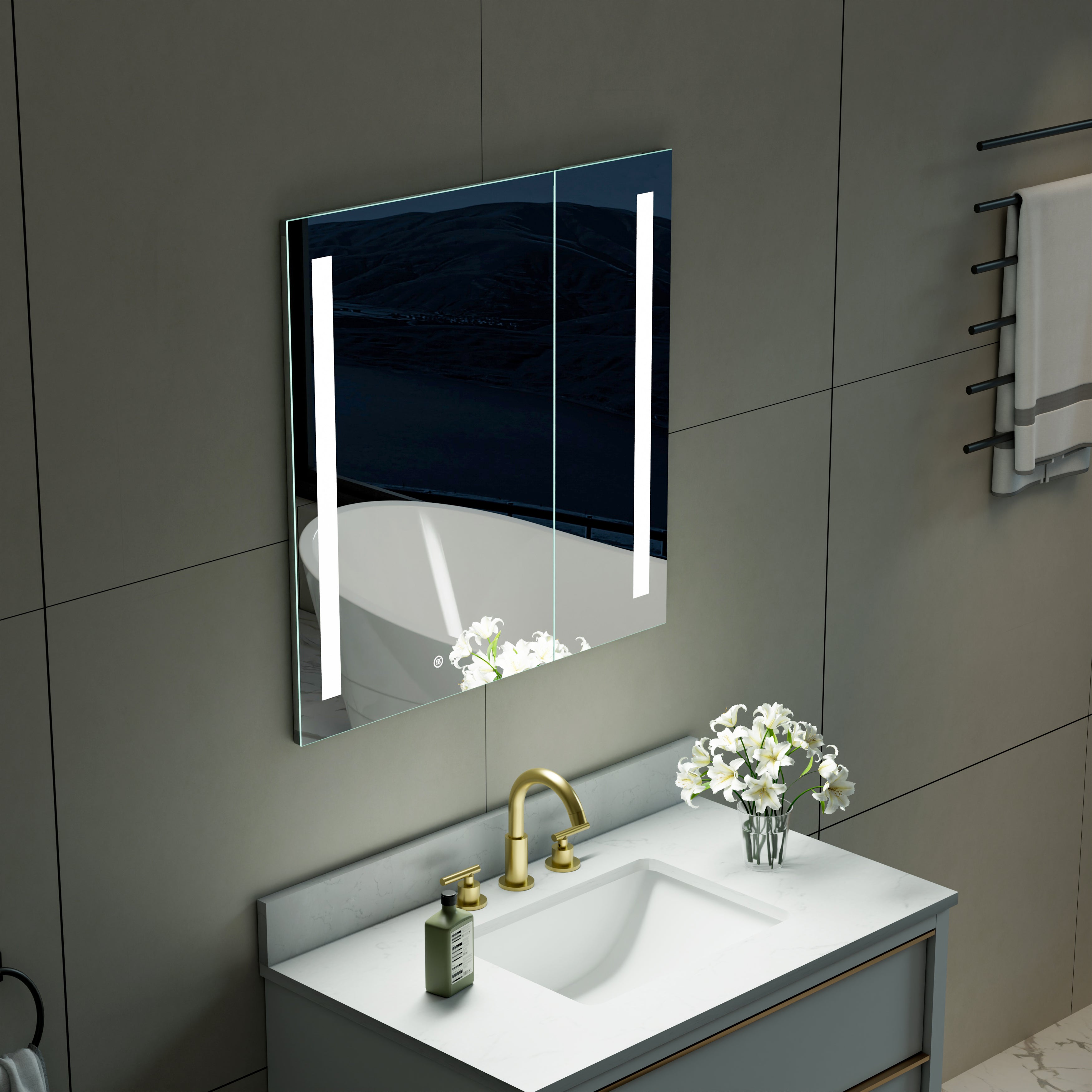 30 in. x 30 in. LED Lighted Surface/Recessed Mount Mirror Medicine Cabinet with Outlet