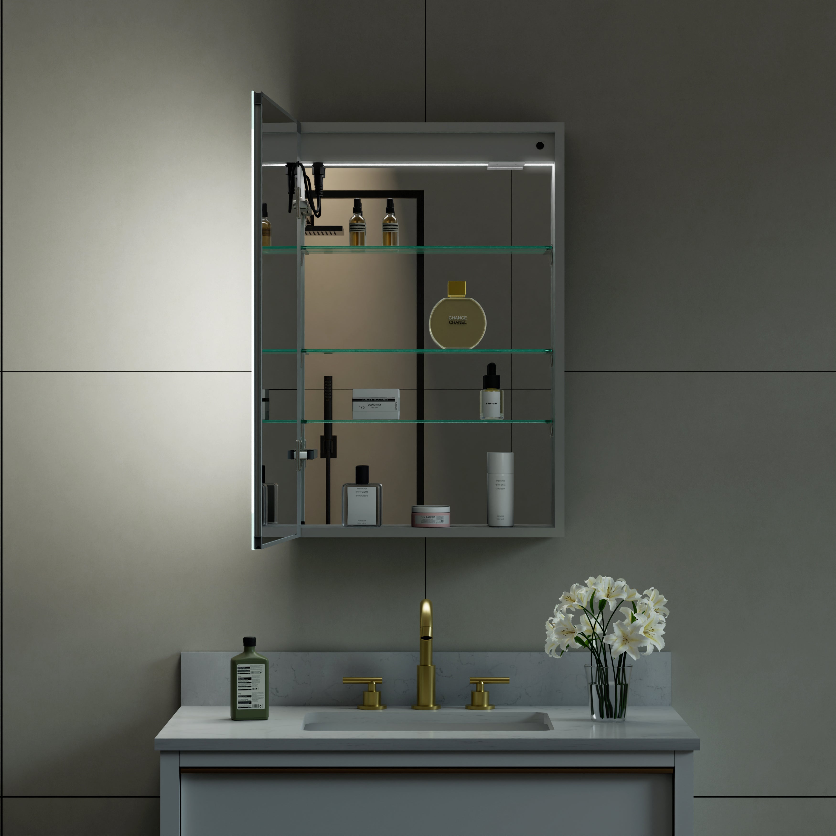 20 in.x 30 in. LED Lighted Surface/Recessed Mount Mirror Medicine Cabinet with Outlet Left Side