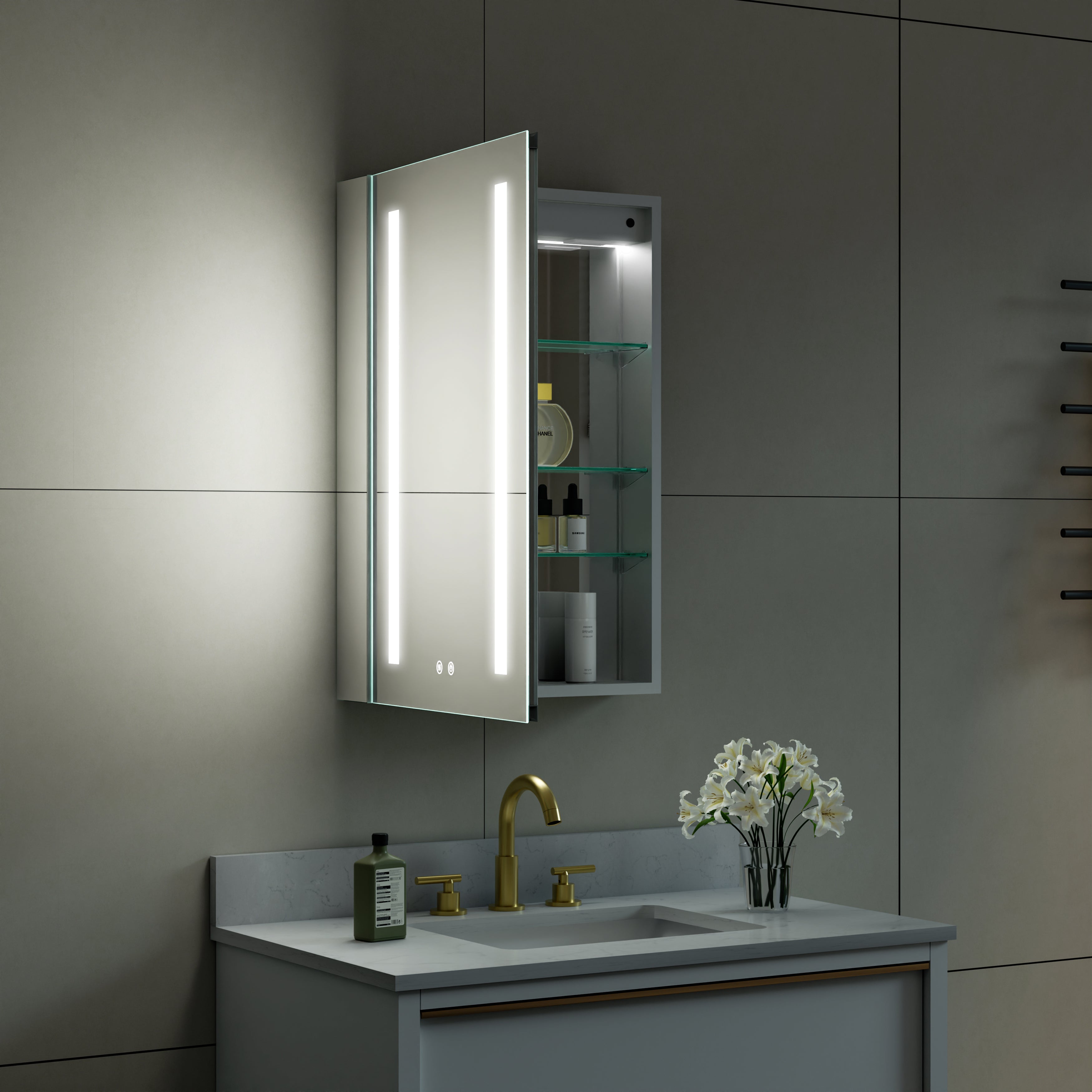 20 in.x 30 in. LED Lighted Surface/Recessed Mount Mirror Medicine Cabinet with Outlet Left Side