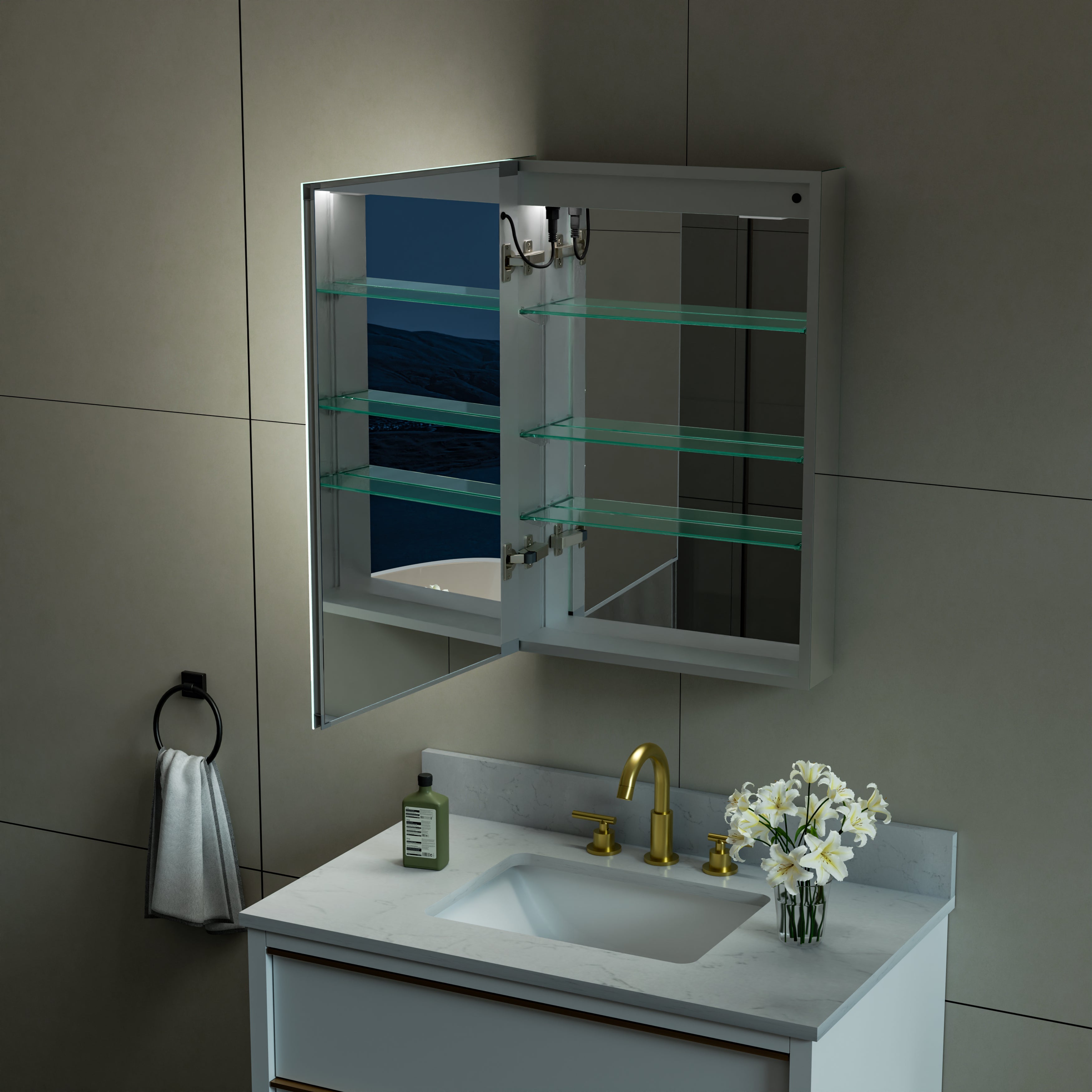 20 in.x 30 in. LED Lighted Surface/Recessed Mount Mirror Medicine Cabinet with Outlet Left Side