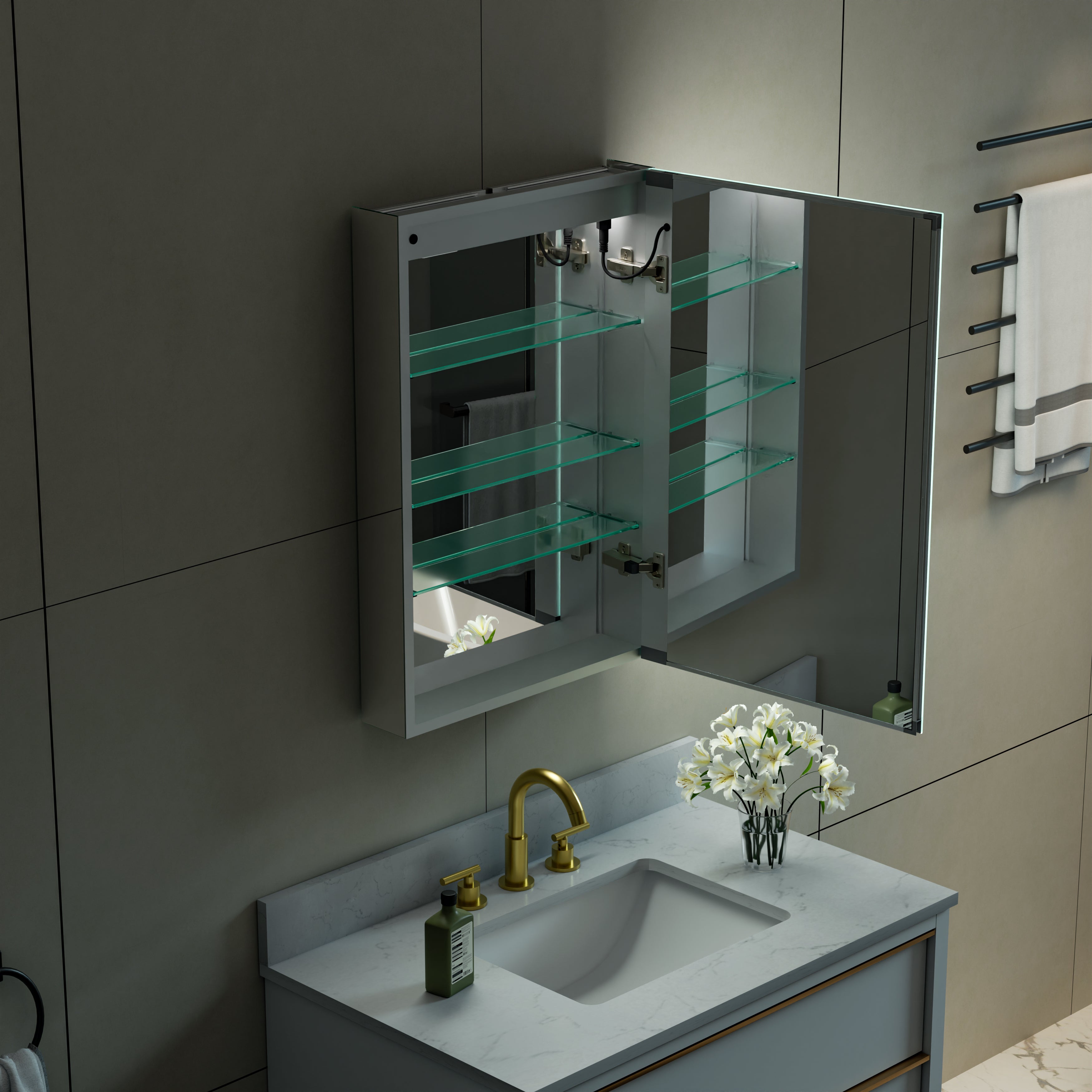 20 in. x 30 in. LED Lighted Surface/Recessed Mount Mirror Medicine Cabinet with Outlet Right Side