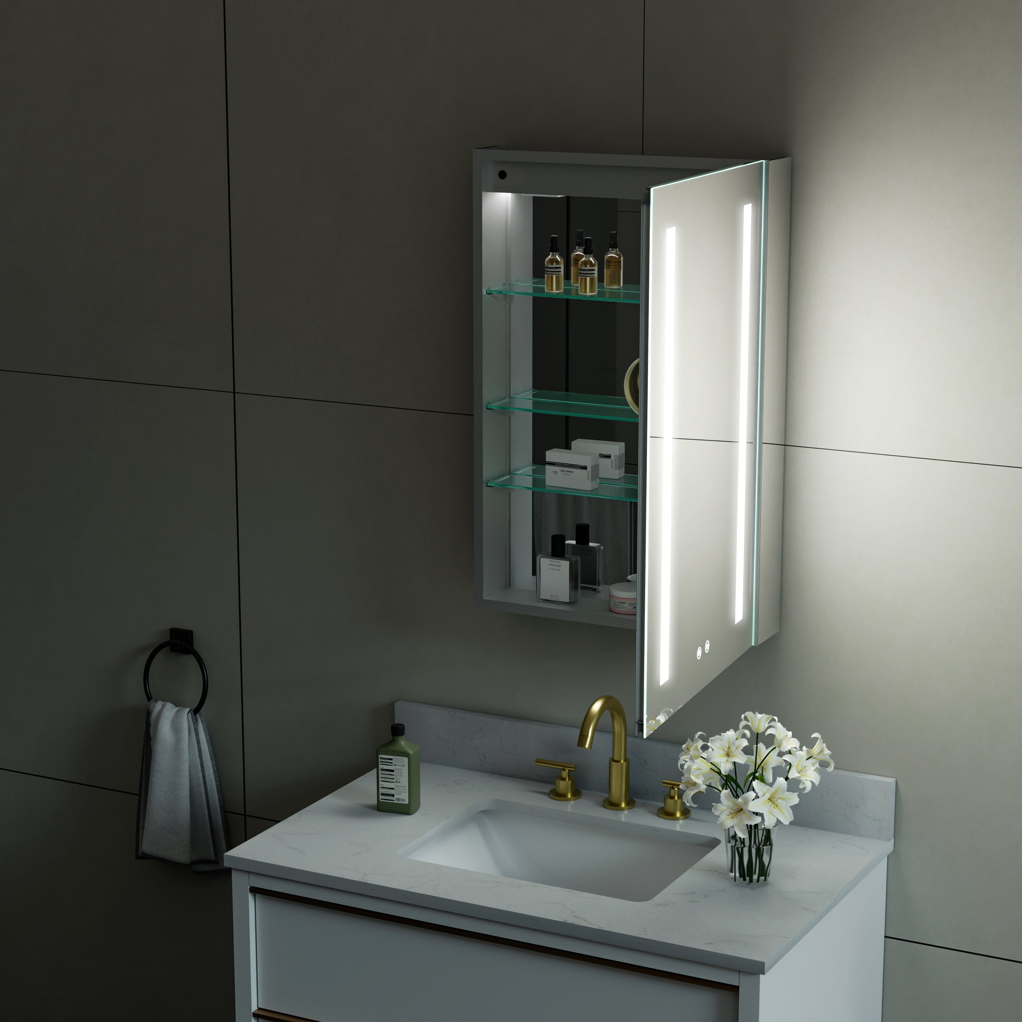 20 in. x 30 in. LED Lighted Surface/Recessed Mount Mirror Medicine Cabinet with Outlet Right Side