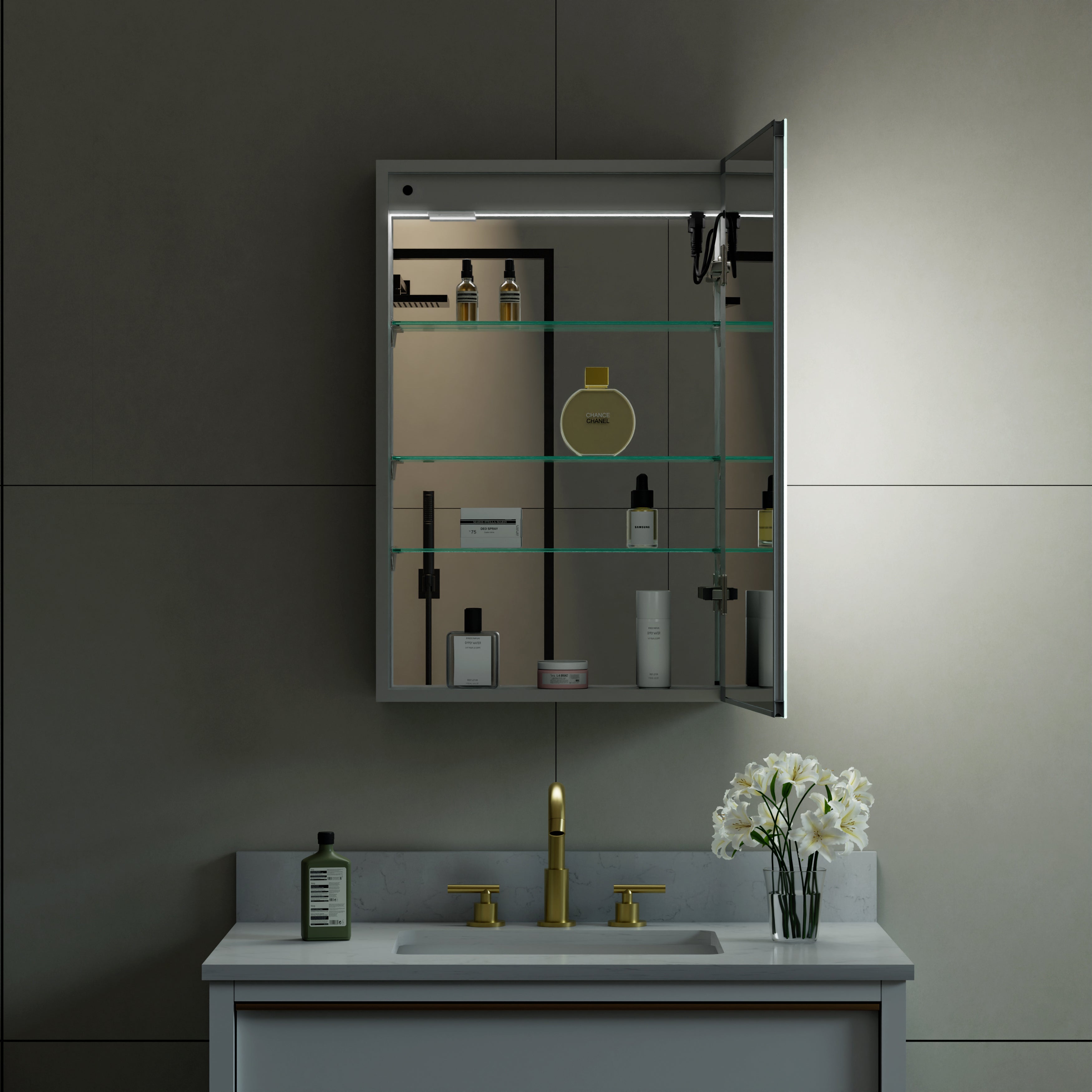 20 in. x 30 in. LED Lighted Surface/Recessed Mount Mirror Medicine Cabinet with Outlet Right Side