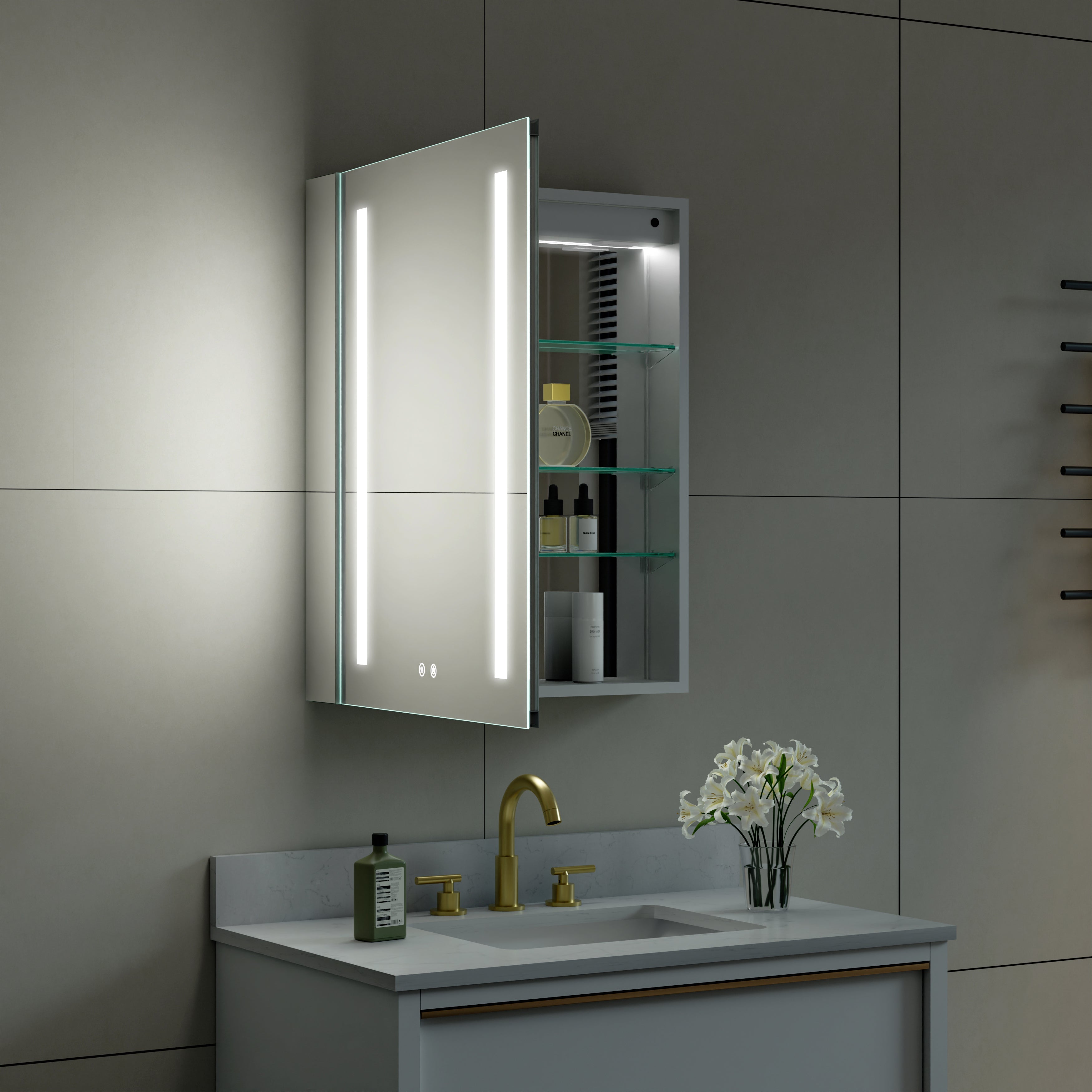 24 in. x 30 in. LED Lighted Surface/Recessed Mount Mirror Medicine Cabinet with Outlet left Side