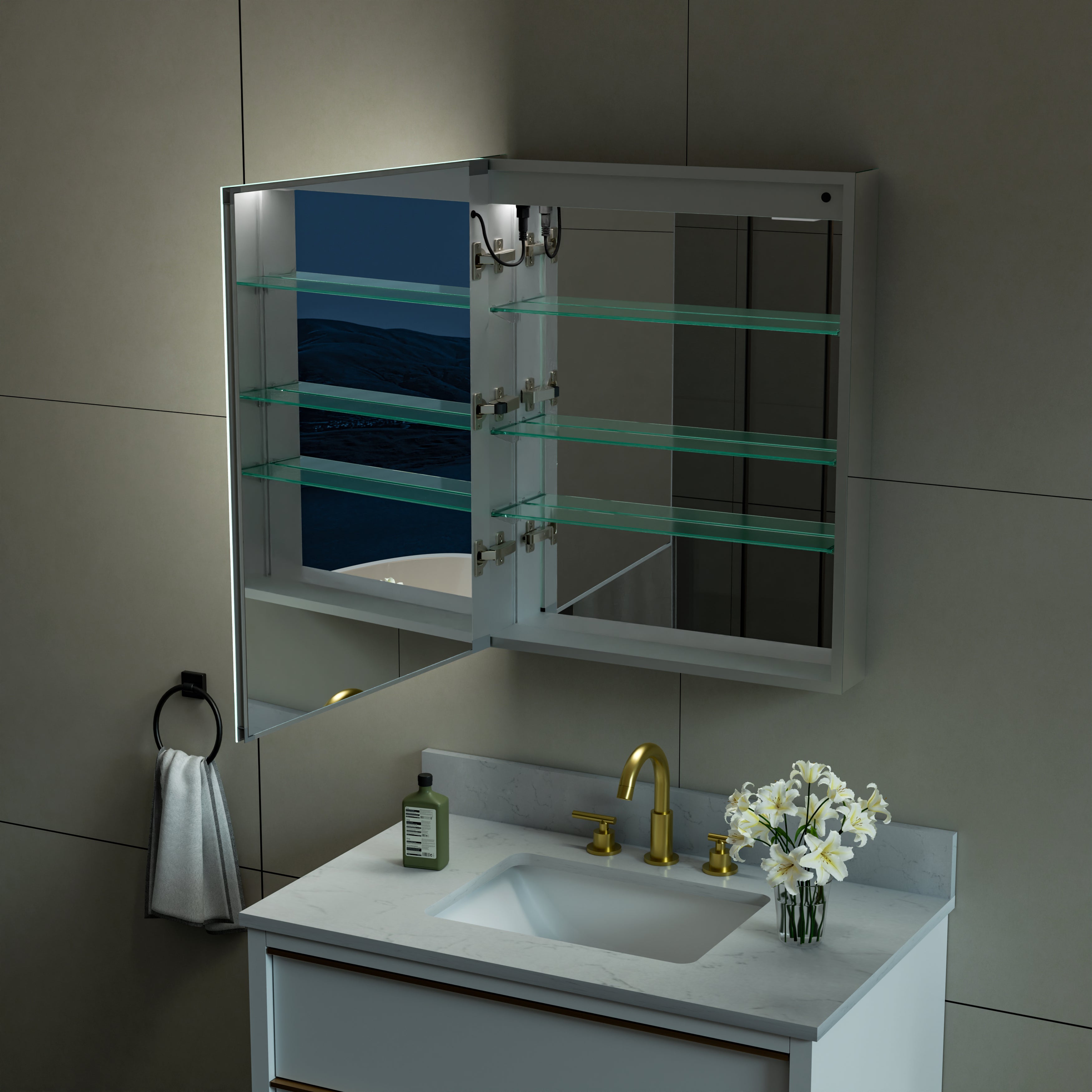 24 in. x 30 in. LED Lighted Surface/Recessed Mount Mirror Medicine Cabinet with Outlet left Side