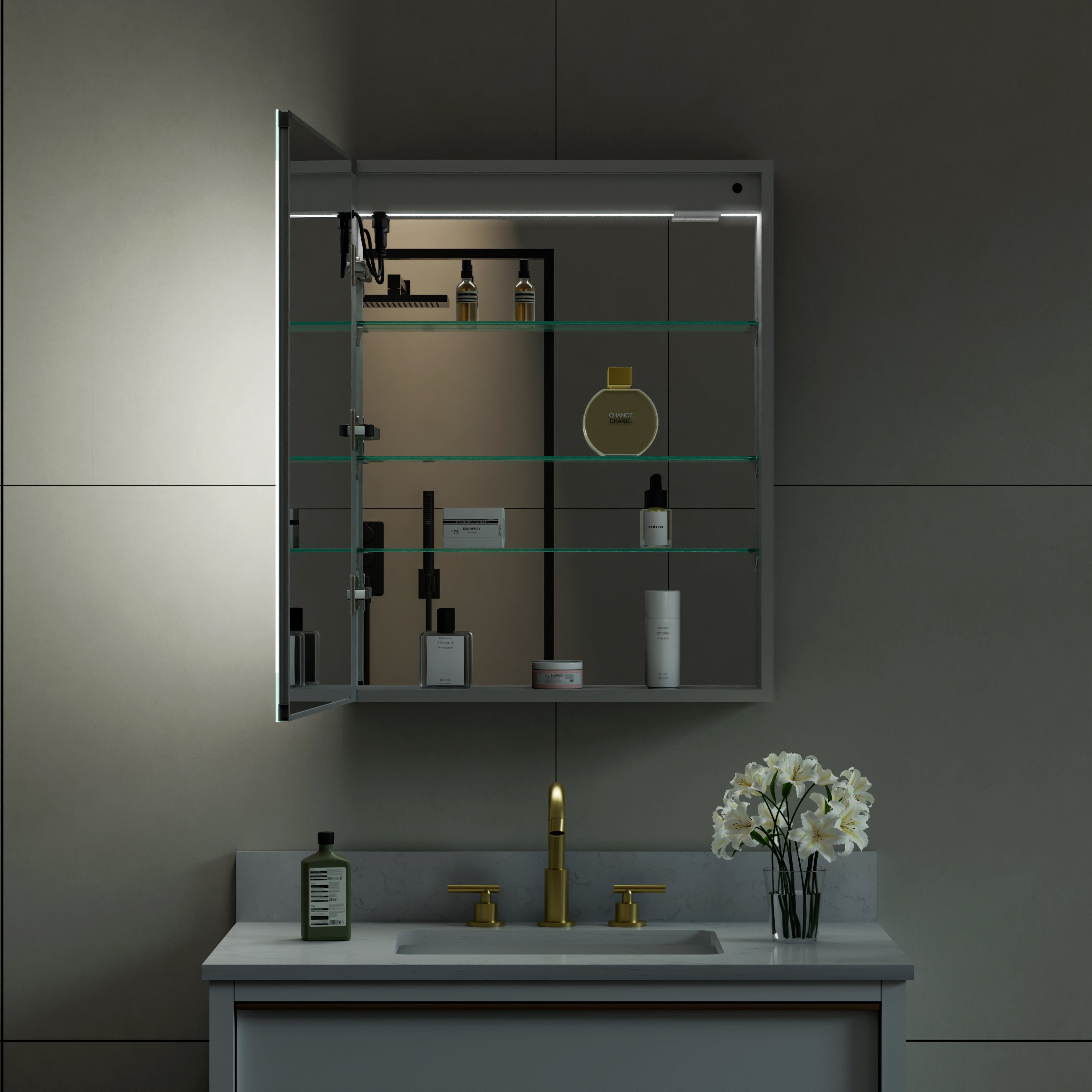 24 in. x 30 in. LED Lighted Surface/Recessed Mount Mirror Medicine Cabinet with Outlet left Side