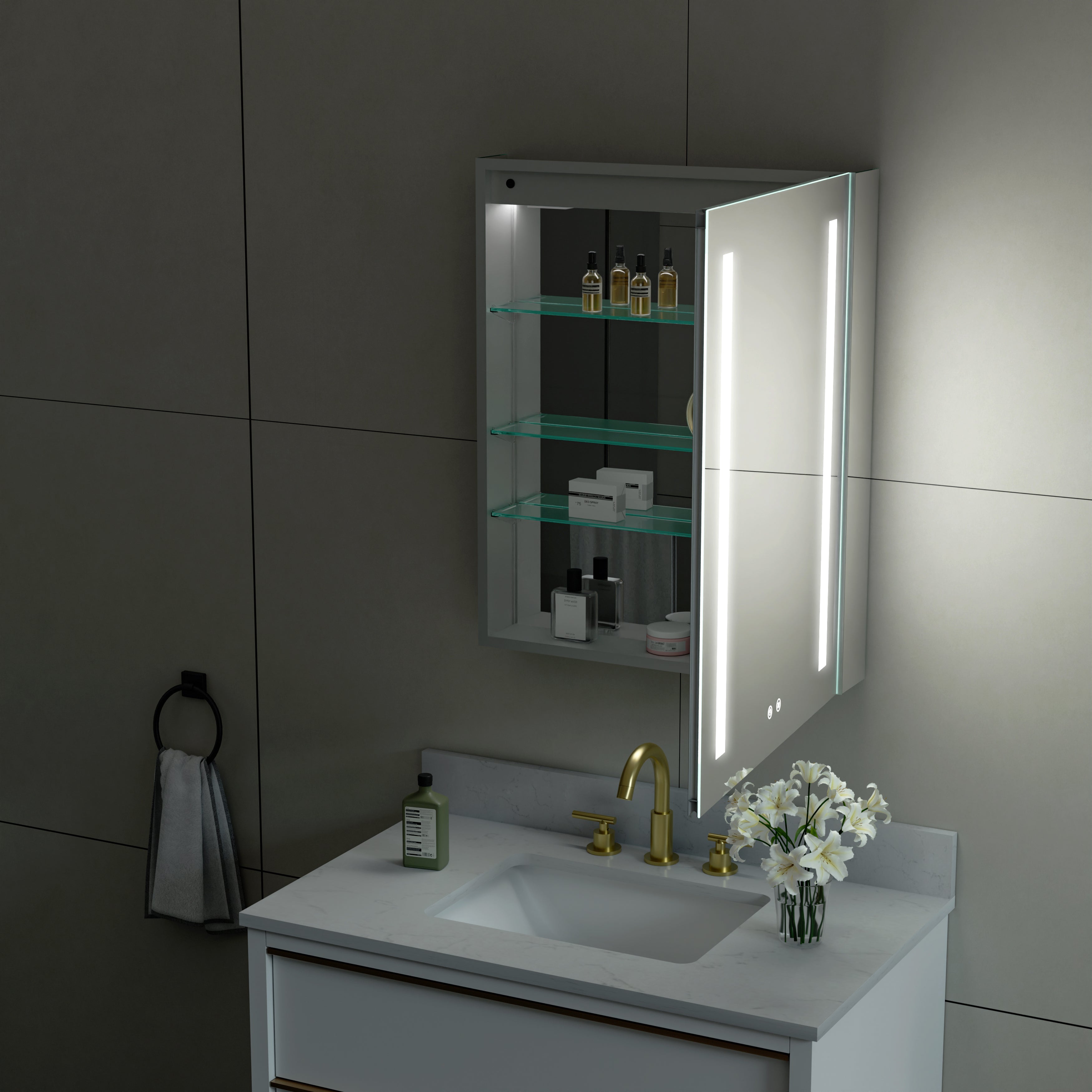 24 in. x 30 in. LED Lighted Surface/Recessed Mount Mirror Medicine Cabinet with Outlet Right Side