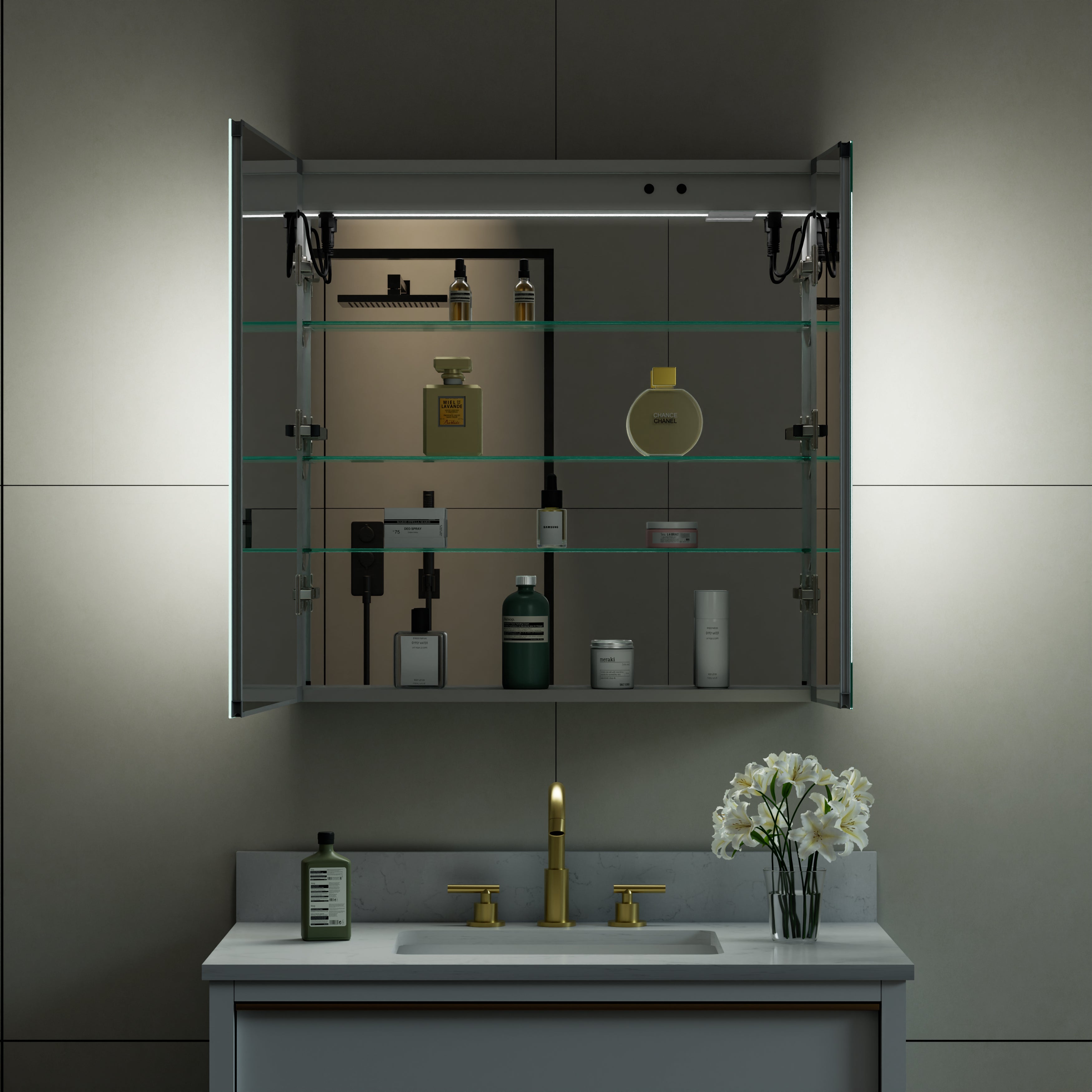 30 in. x 30 in. LED Lighted Surface/Recessed Mount Mirror Medicine Cabinet with Outlet