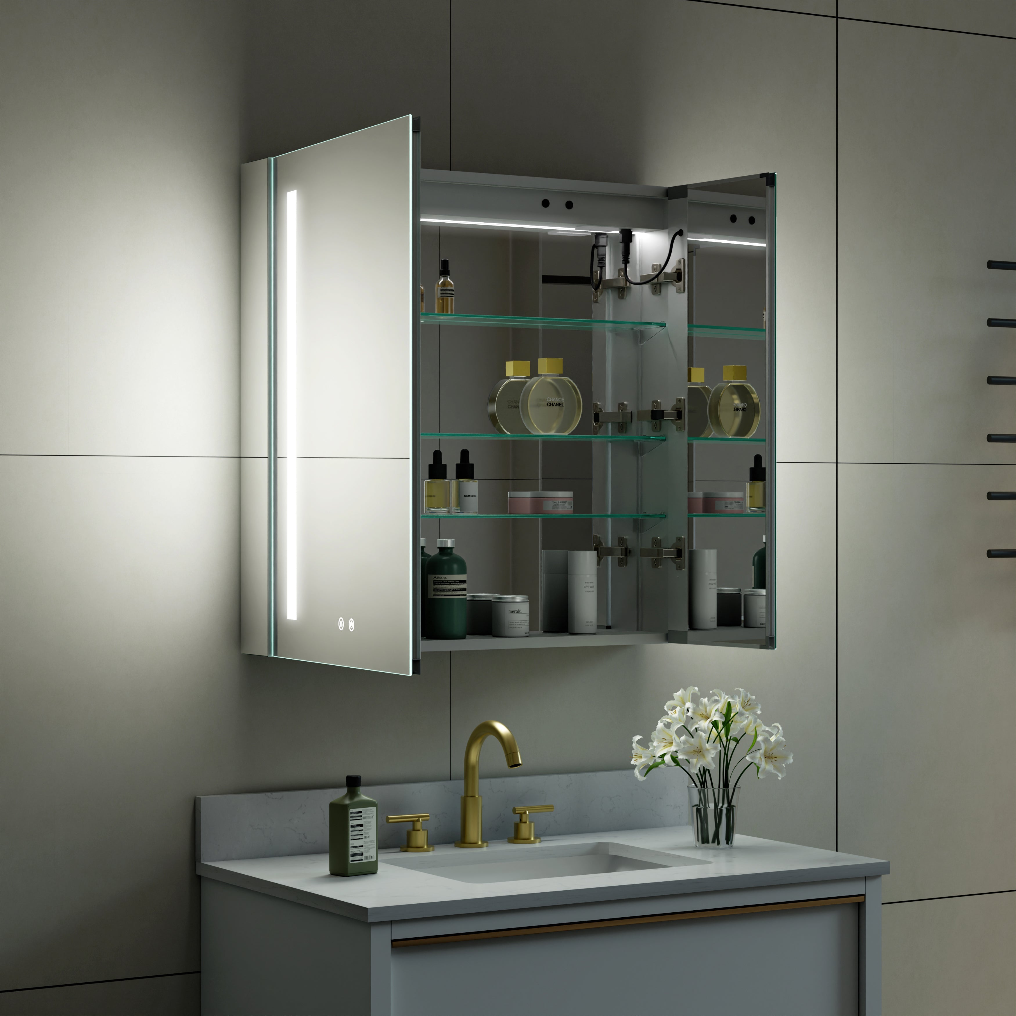 30 in. x 30 in. LED Lighted Surface/Recessed Mount Mirror Medicine Cabinet with Outlet