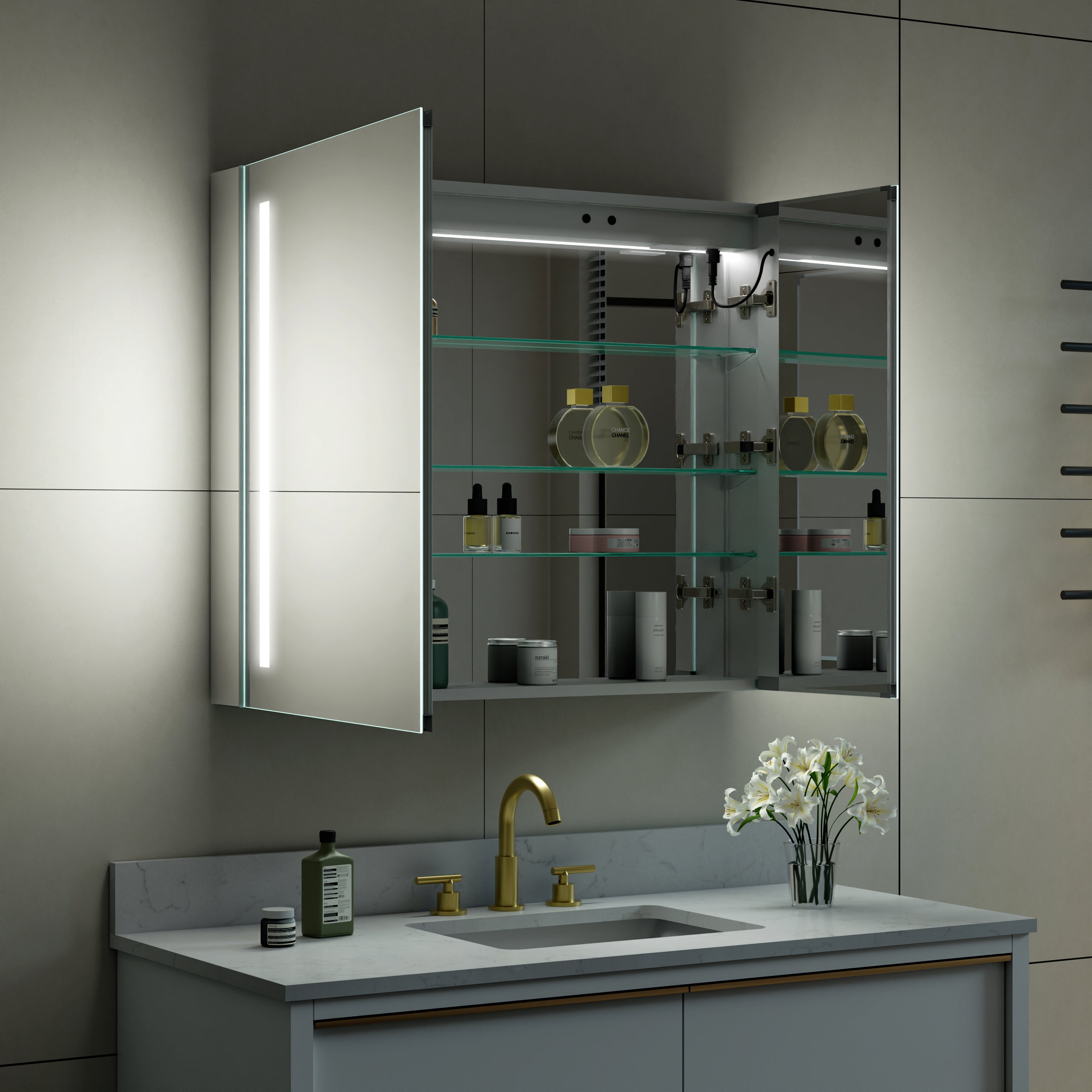 36 in. x 30 in. LED Lighted Surface/Recessed Mount Mirror Medicine Cabinet with Outlet