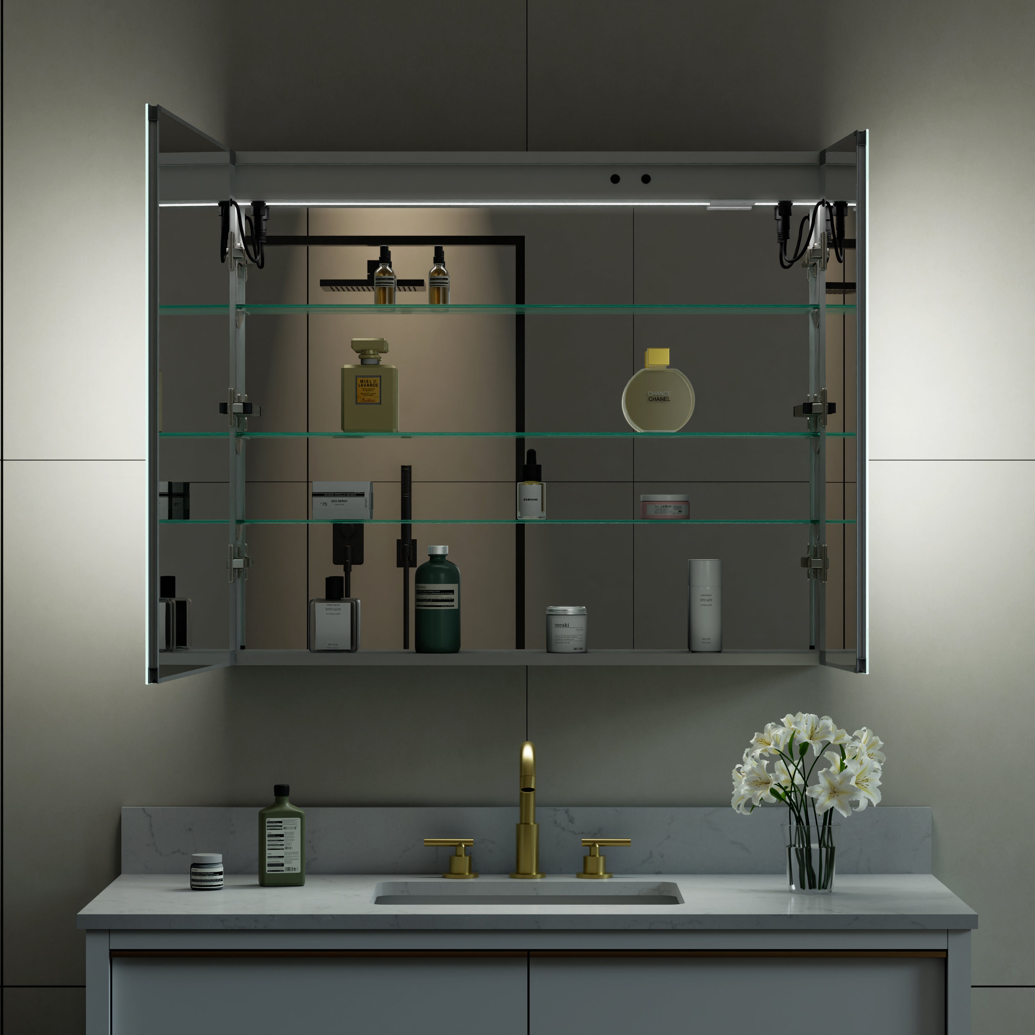 36 in. x 30 in. LED Lighted Surface/Recessed Mount Mirror Medicine Cabinet with Outlet
