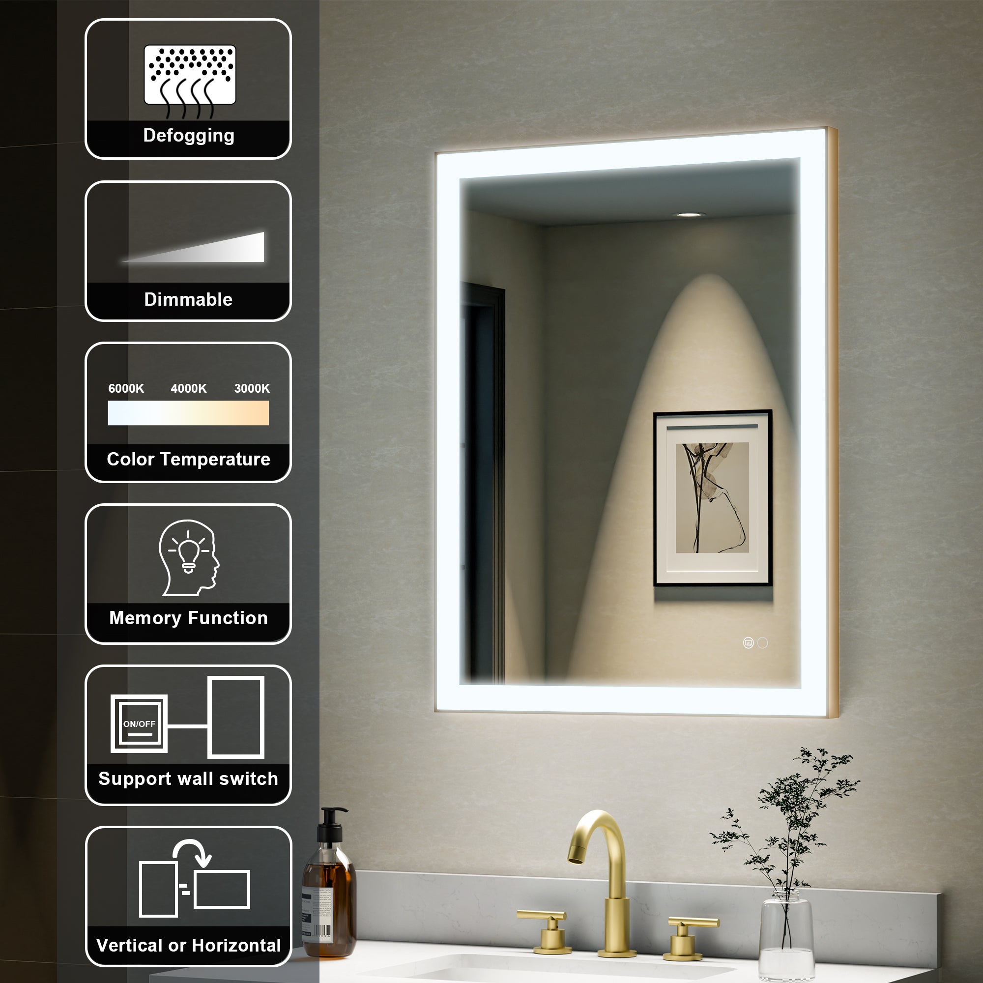 24 in. W x 32 in. H Aluminium Framed Rectangular LED Light Bathroom Vanity Mirror in Gold