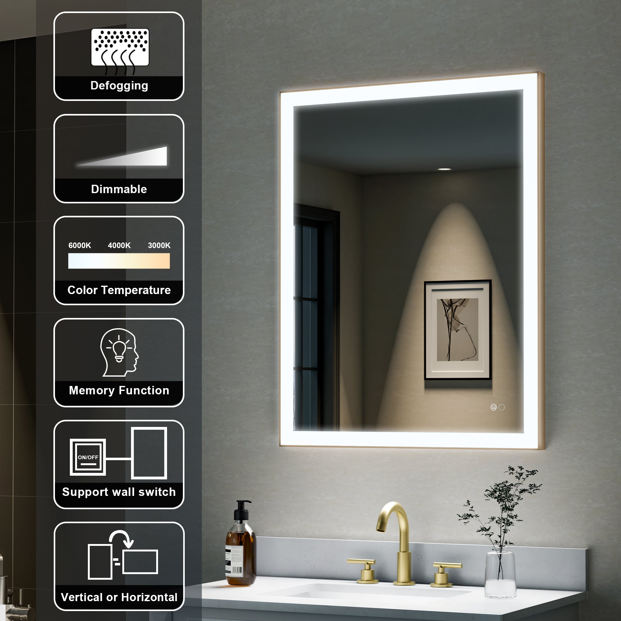 28 in. W x 36 in. H Aluminium Framed Rectangular LED Light Bathroom Vanity Mirror in Gold
