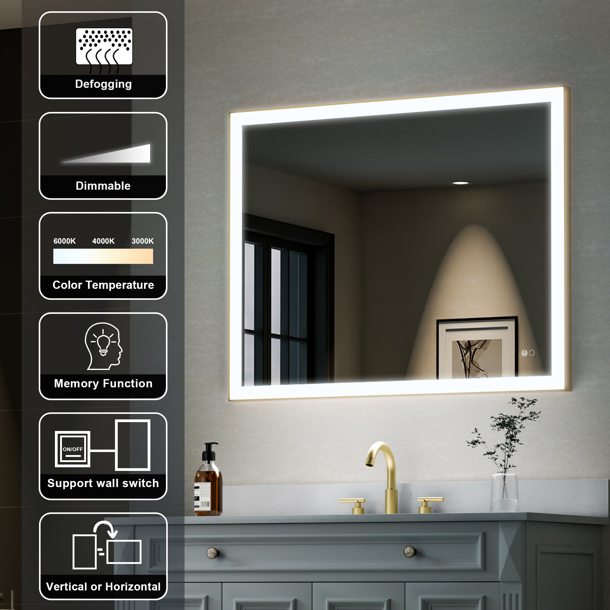 40 in. W x 32 in. H Aluminium Framed Rectangular LED Light Bathroom Vanity Mirror in Gold
