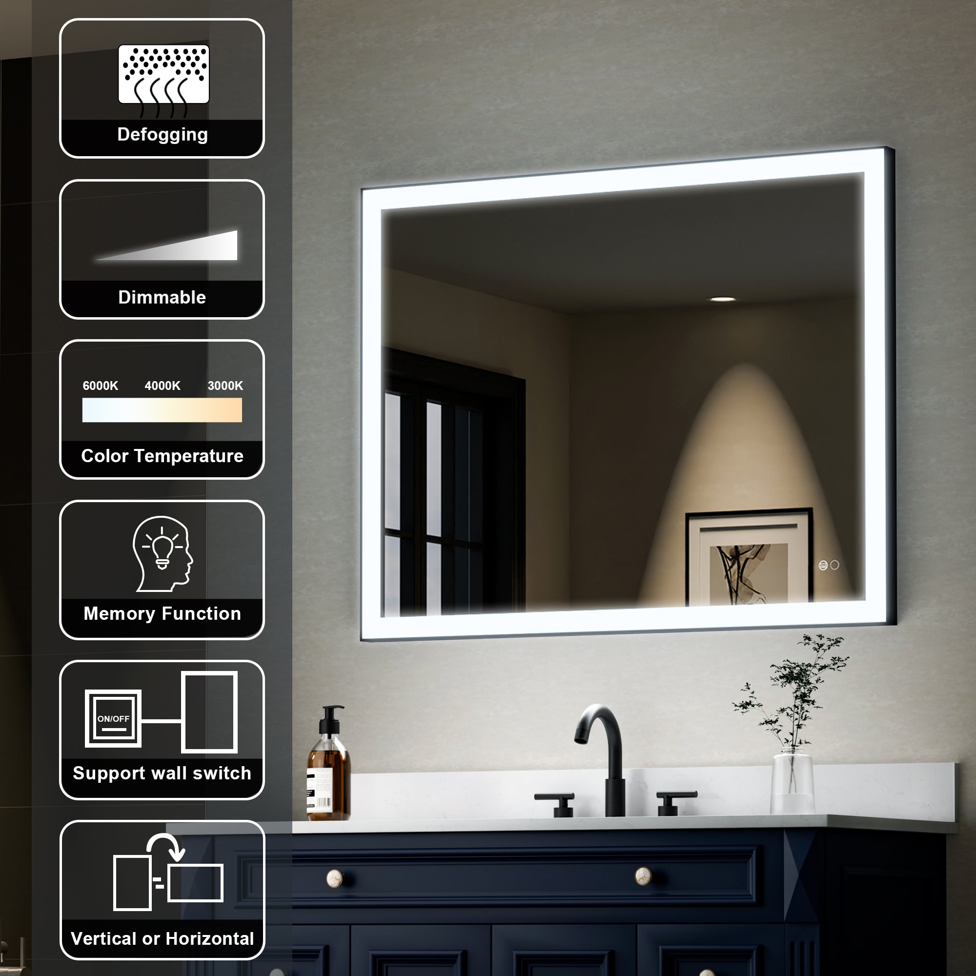 40 in. W x 32 in. H Aluminium Framed Rectangular LED Light Bathroom Vanity Mirror in Matte Black