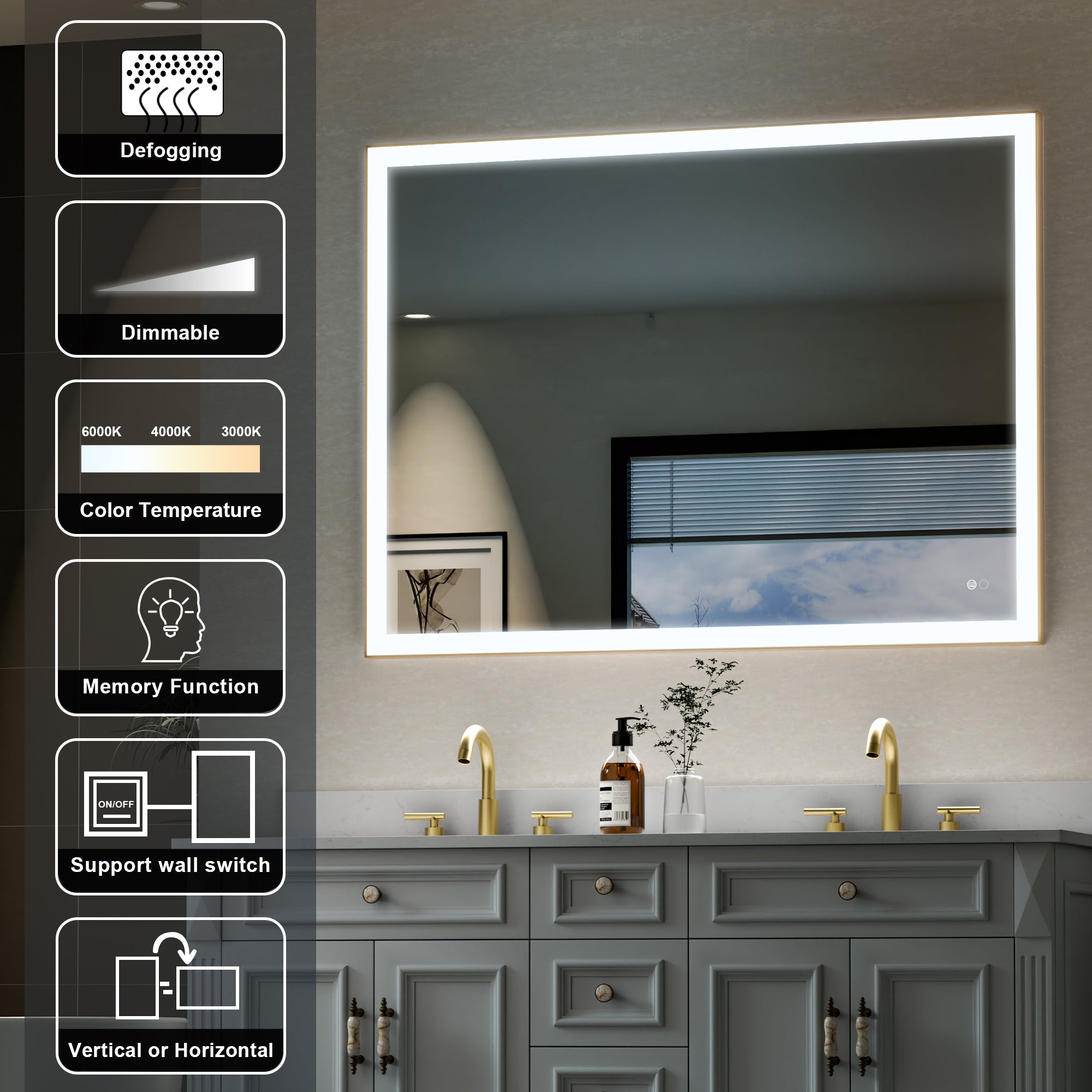 48 in. W x 36 in. H Aluminium Framed Rectangular LED Light Bathroom Vanity Mirror in Gold