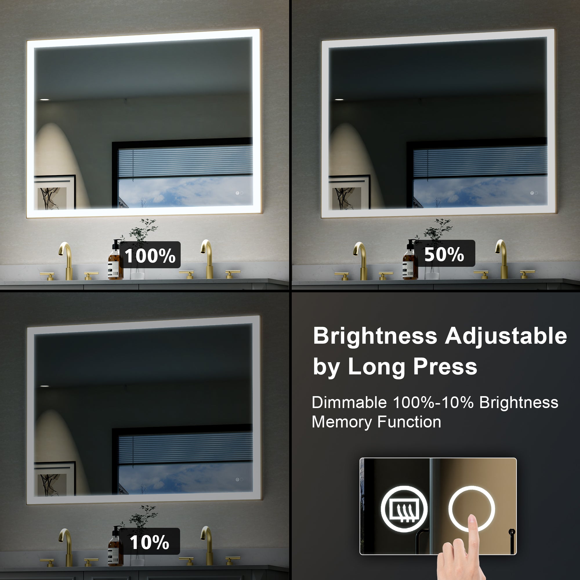 48 in. W x 36 in. H Aluminium Framed Rectangular LED Light Bathroom Vanity Mirror in Gold