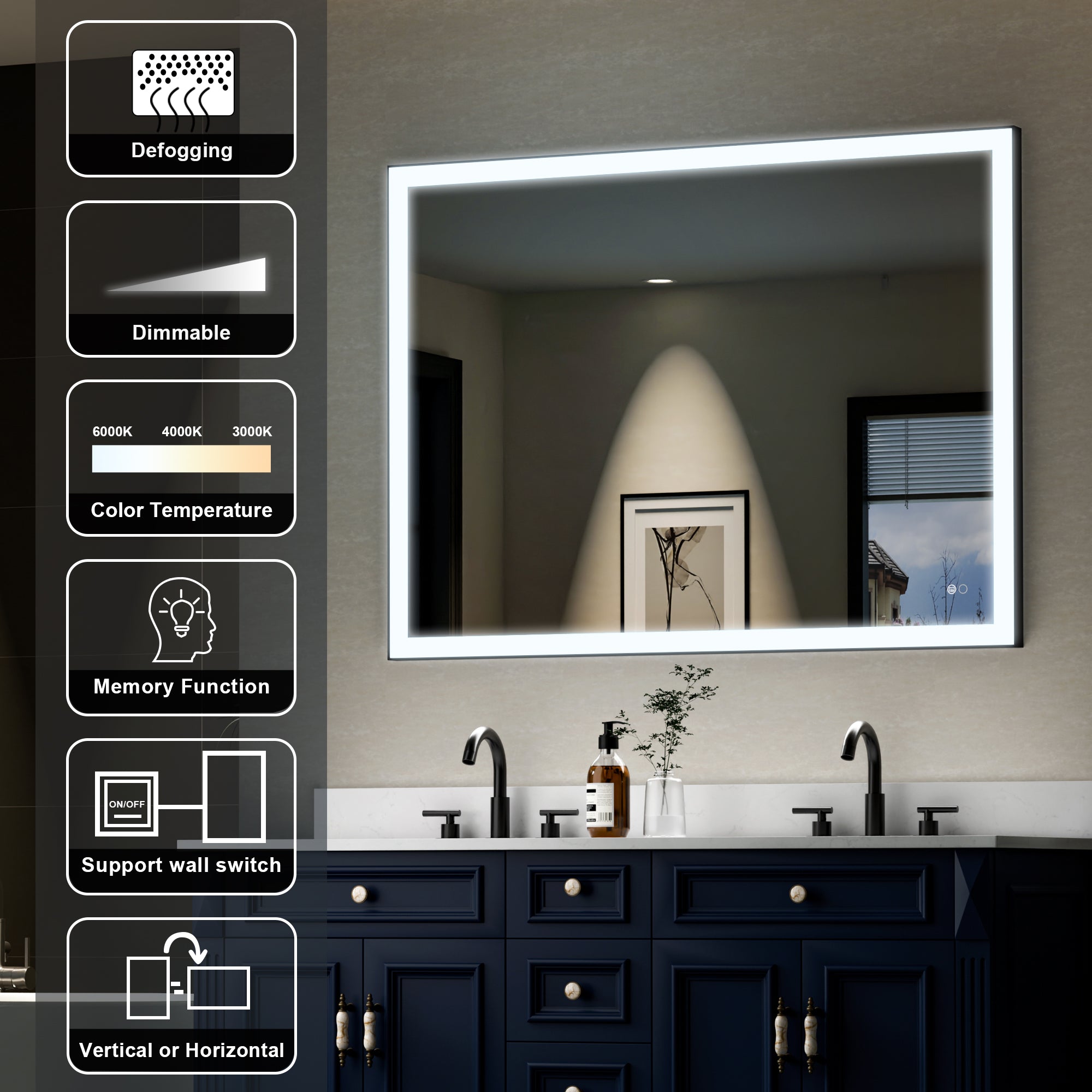48 in. W x 36 in. H Aluminium Framed Rectangular LED Light Bathroom Vanity Mirror in Matte Black