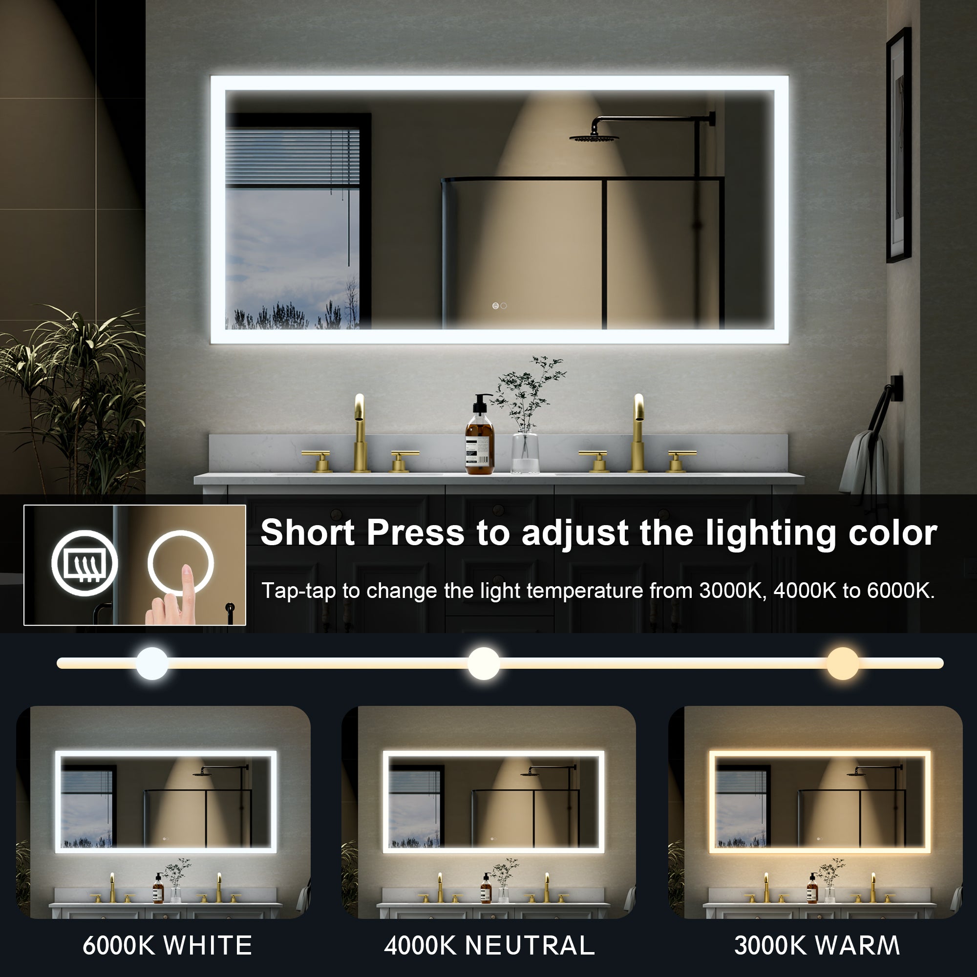 60 in. W x 28 in. H Aluminium Framed Rectangular LED Light Bathroom Vanity Mirror in Gold