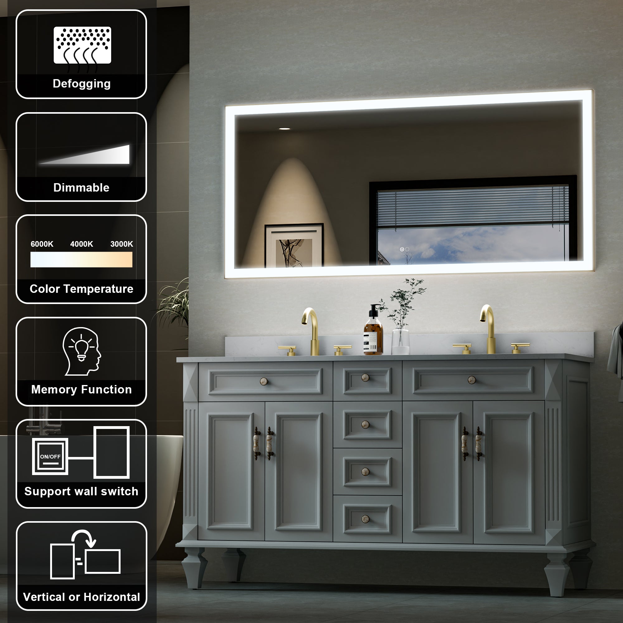 60 in. W x 28 in. H Aluminium Framed Rectangular LED Light Bathroom Vanity Mirror in Gold