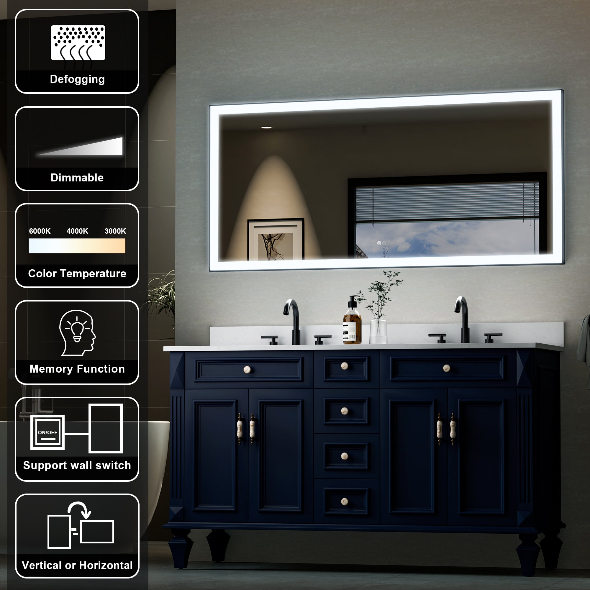 60 in. W x 28 in. H Aluminium Framed Rectangular LED Light Bathroom Vanity Mirror in Matte Black