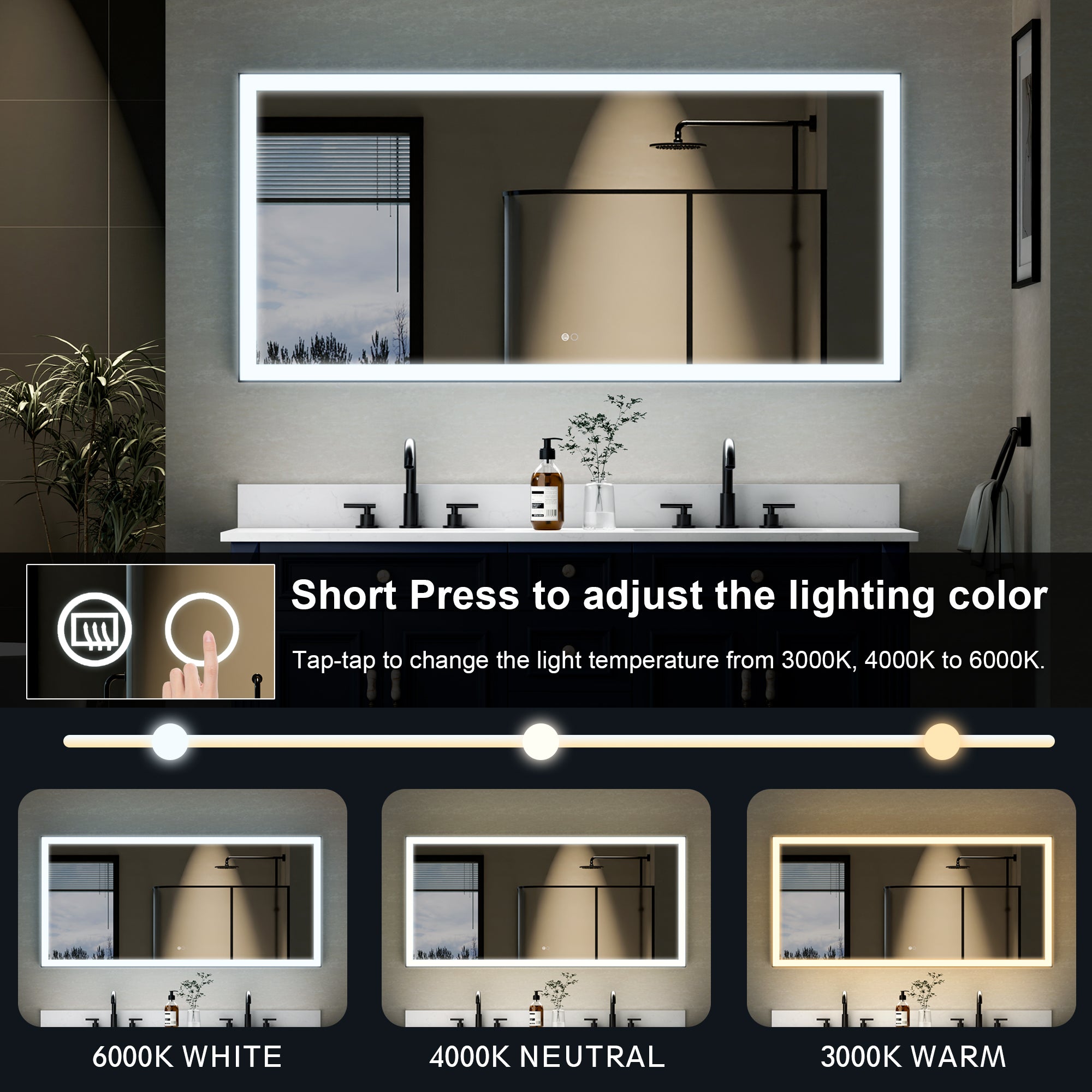 60 in. W x 28 in. H Aluminium Framed Rectangular LED Light Bathroom Vanity Mirror in Matte Black