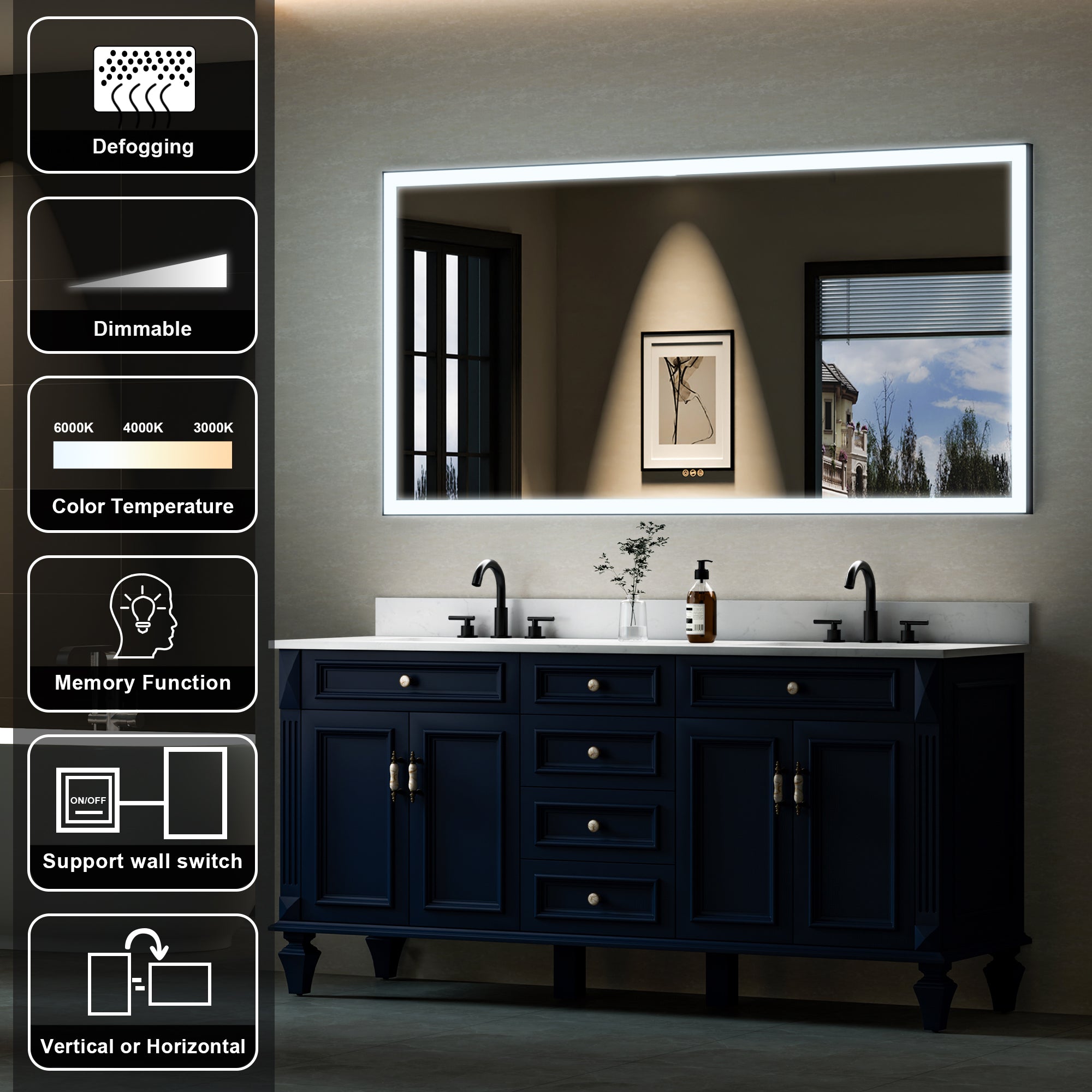 72 in. W x 36 in. H Rectangular Framed LED Light Wall Vertical/Horizontal Bathroom Vanity Mirror