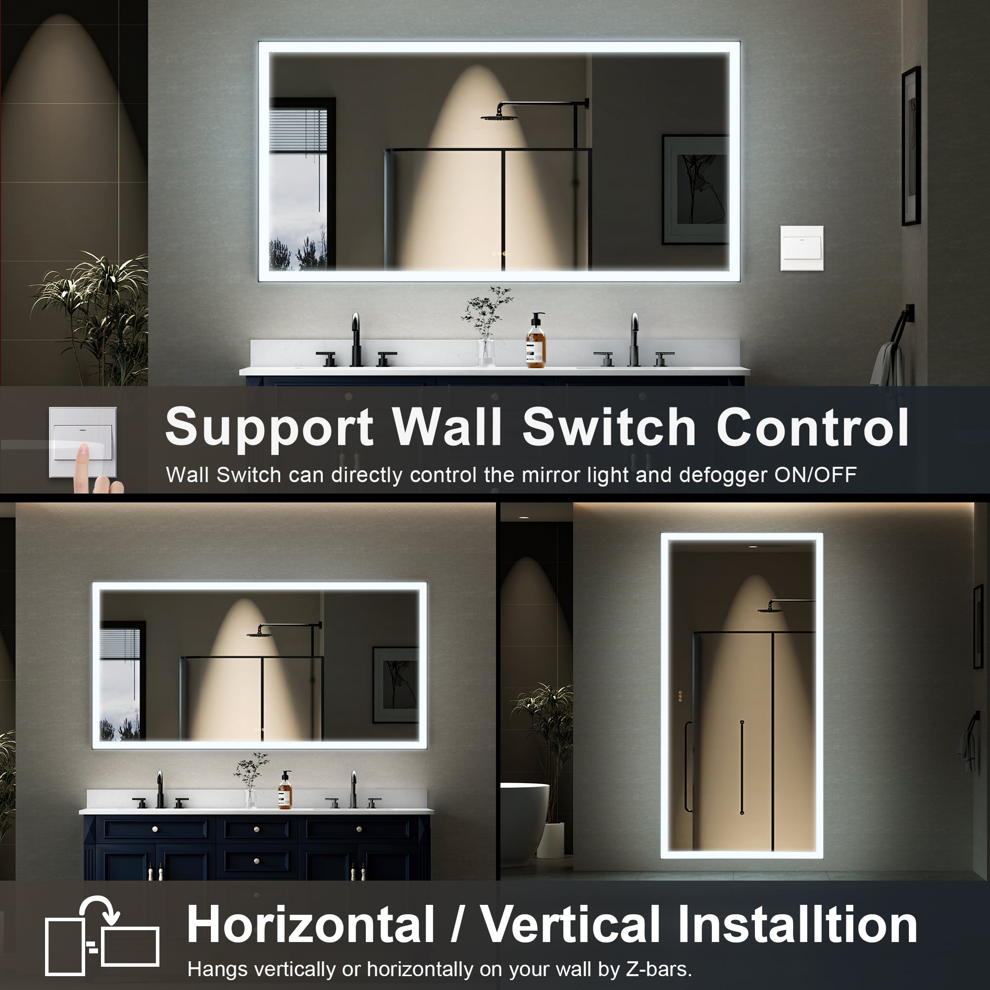 72 in. W x 36 in. H Rectangular Framed LED Light Wall Vertical/Horizontal Bathroom Vanity Mirror