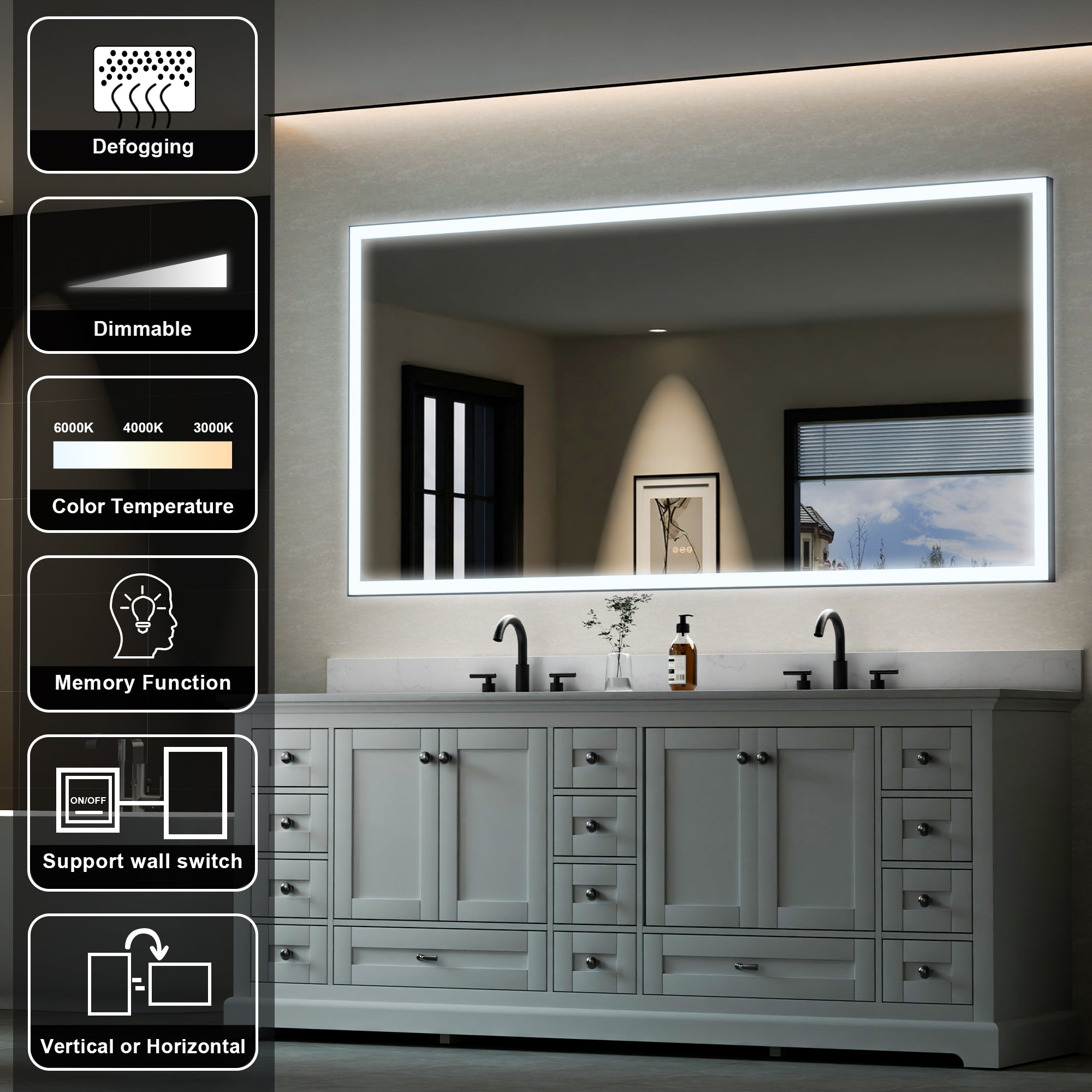84 in. W x 42 in. H Rectangular Framed LED Light Wall Vertical/Horizontal Bathroom Vanity Mirror