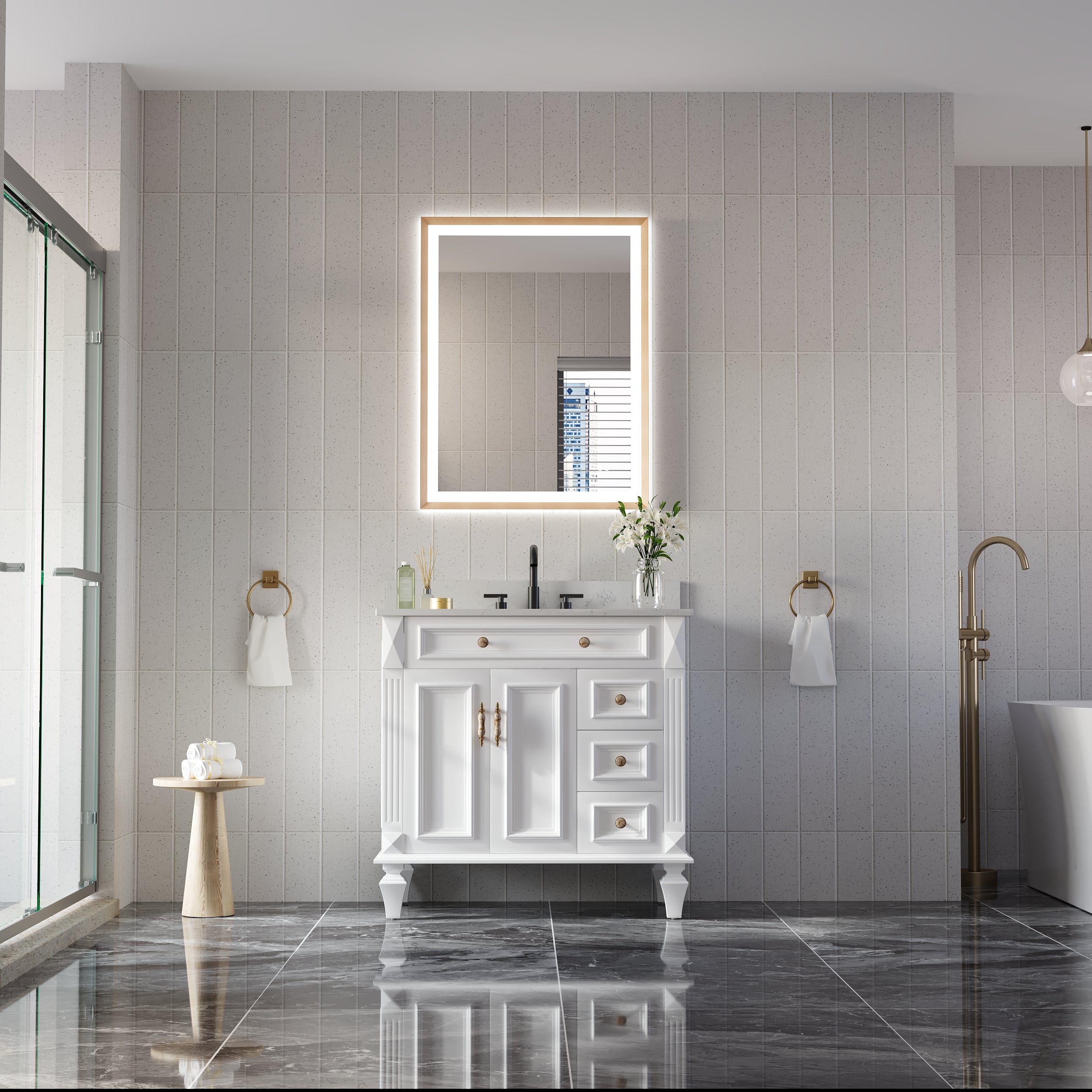 28 in. W x 36 in. H Aluminum Framed Front and Back LED Light Bathroom Vanity Mirror in Brushed Gold