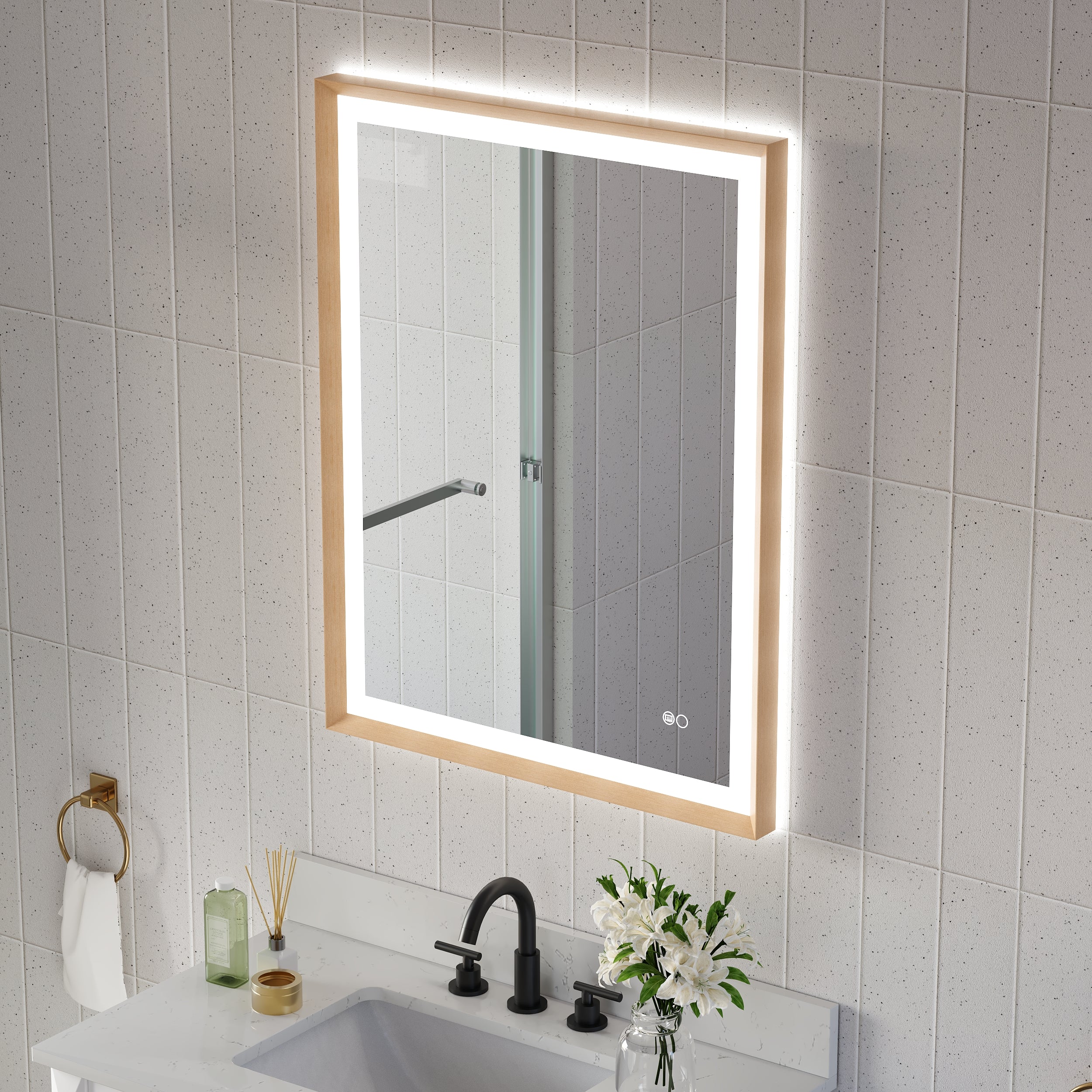 28 in. W x 36 in. H Aluminum Framed Front and Back LED Light Bathroom Vanity Mirror in Brushed Gold