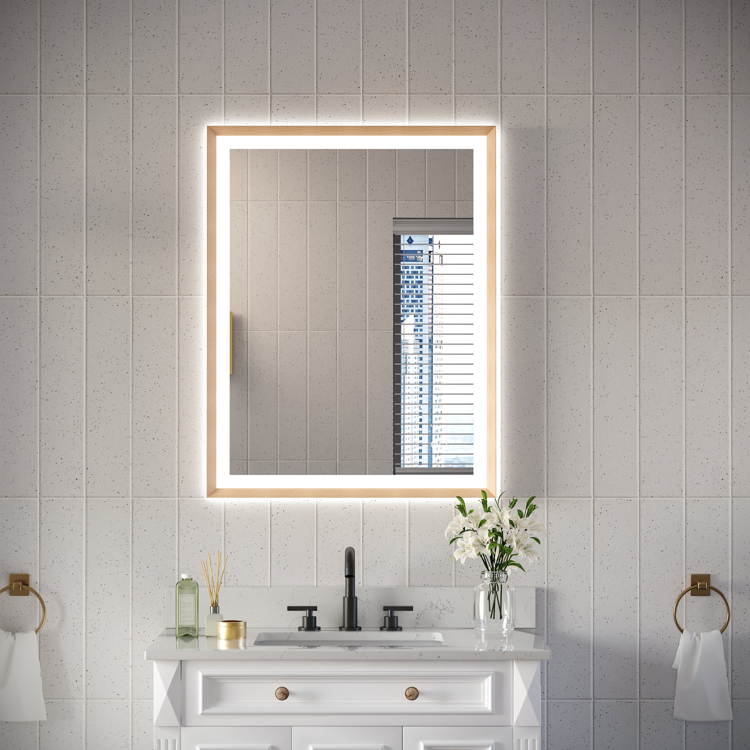 28 in. W x 36 in. H Aluminum Framed Front and Back LED Light Bathroom Vanity Mirror in Brushed Gold