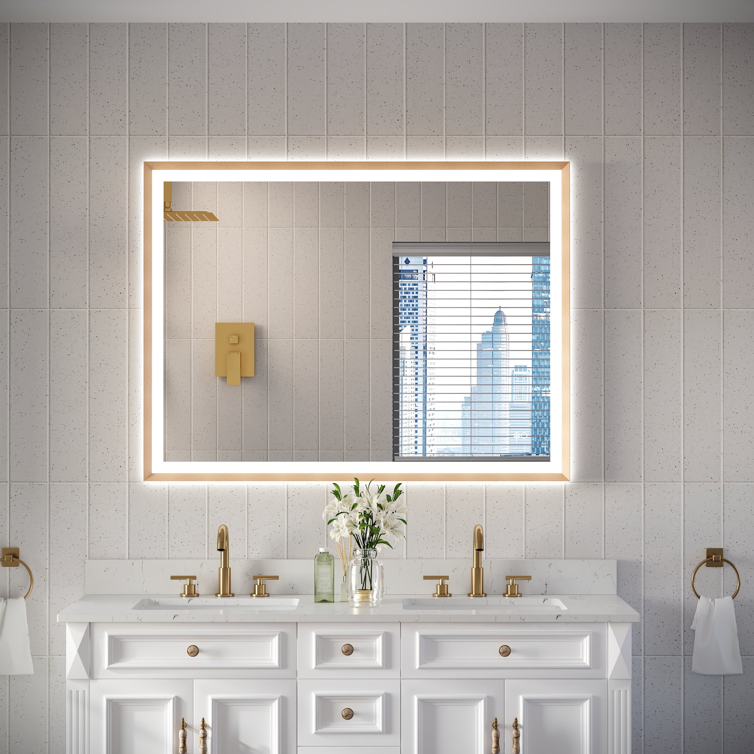 48 in. W x 36 in. H Aluminum Framed Front and Back LED Light Bathroom Vanity Mirror in Brushed Gold