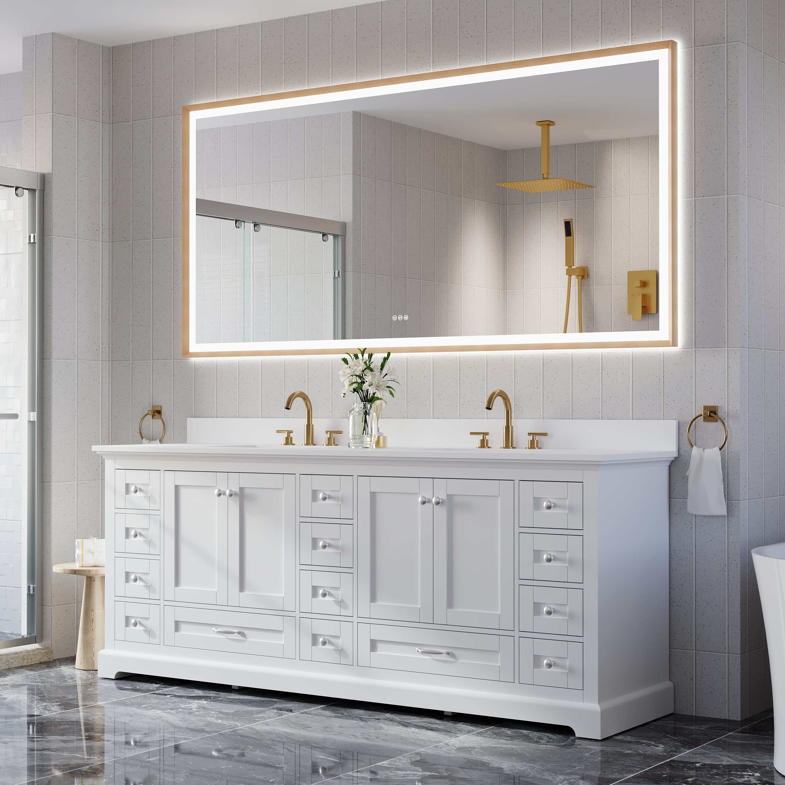 84 in. W x 40 in. H Large Rectangular Framed LED Light Mirror Anti-Fog Wall Bathroom Vanity Mirror in Brushed Gold