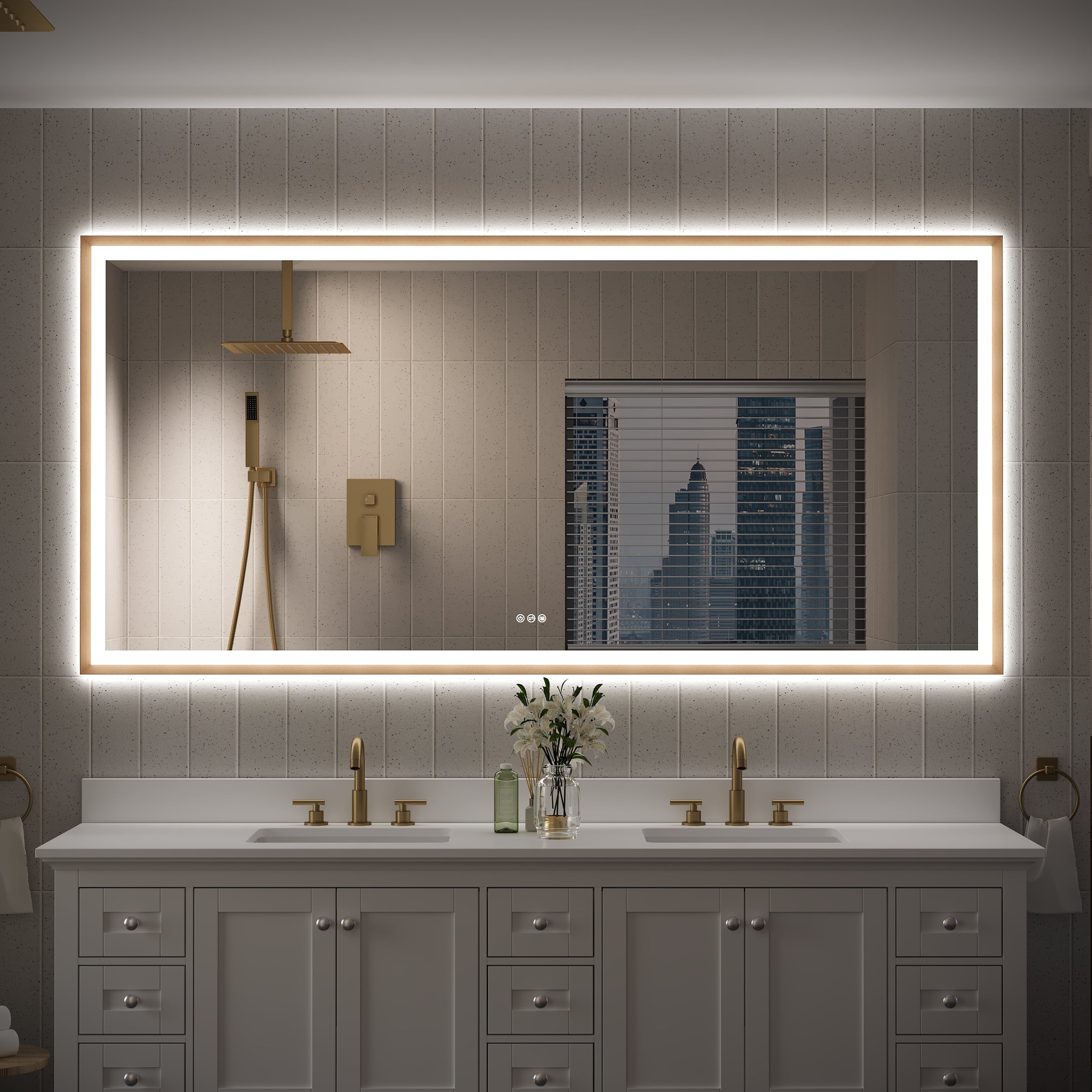 84 in. W x 40 in. H Large Rectangular Framed LED Light Mirror Anti-Fog Wall Bathroom Vanity Mirror in Brushed Gold