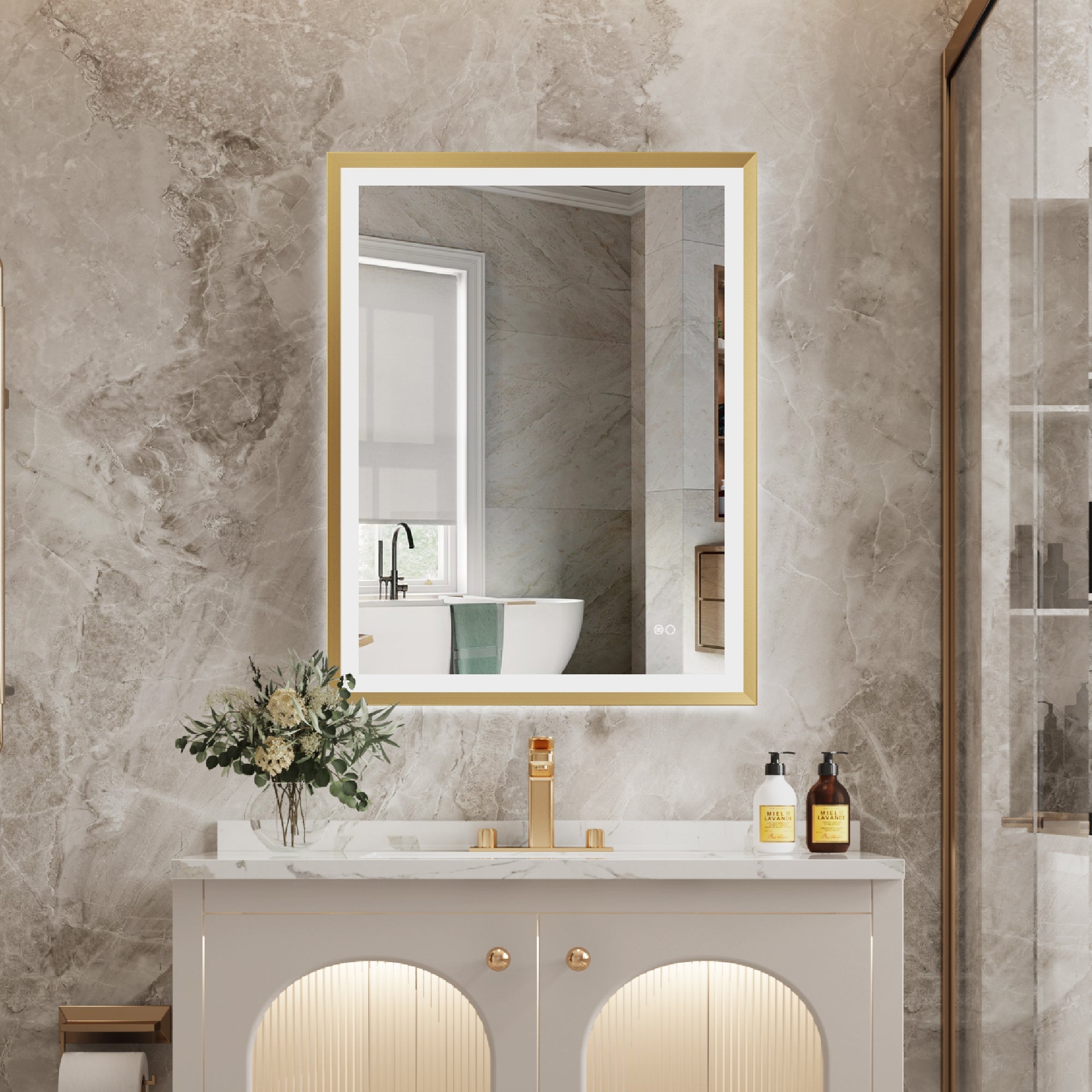 28 in. W x 36 in. H Framed LED Light Bathroom Mirror in Brushed Gold