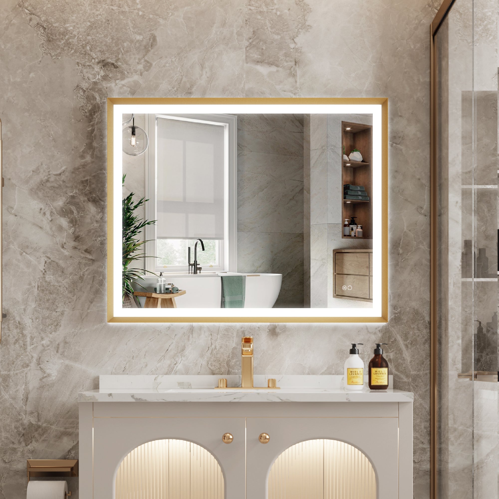 40 in. W x 32 in. H Framed LED Light Bathroom Mirror in Brushed Gold