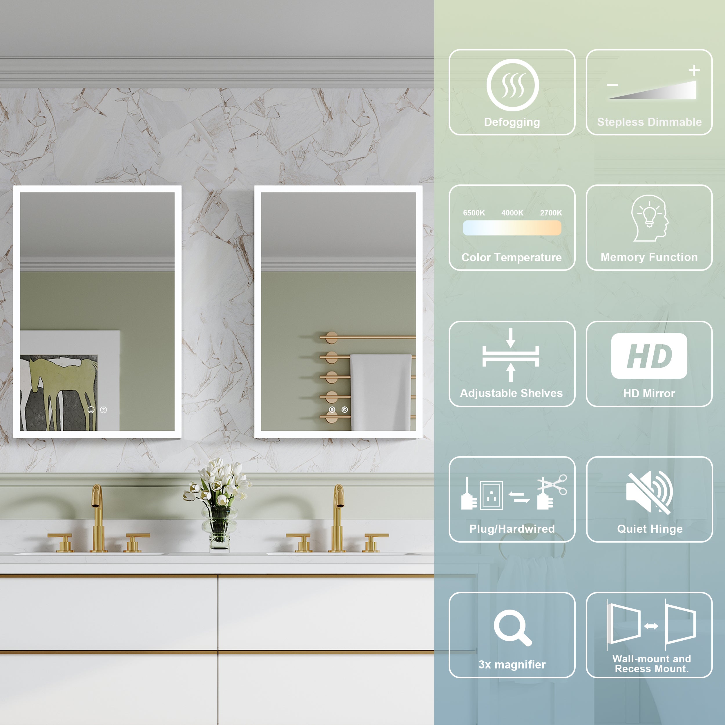 2-Pack 20" x 30" LED Medicine Cabinet with Mirror, Recessed or Surface Mount, Left/Right Hinge, Rectangular