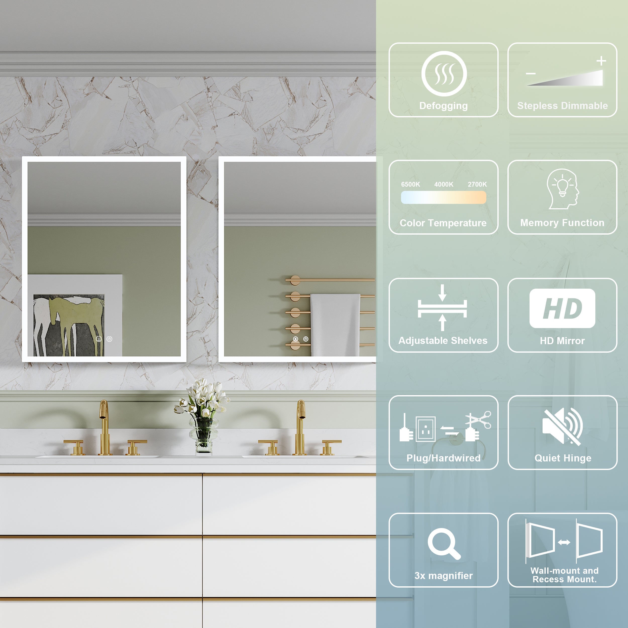 2-Pack 24" x 30" LED Medicine Cabinet with Mirror, Recessed or Surface Mount, Left/Right Hinge, Rectangular